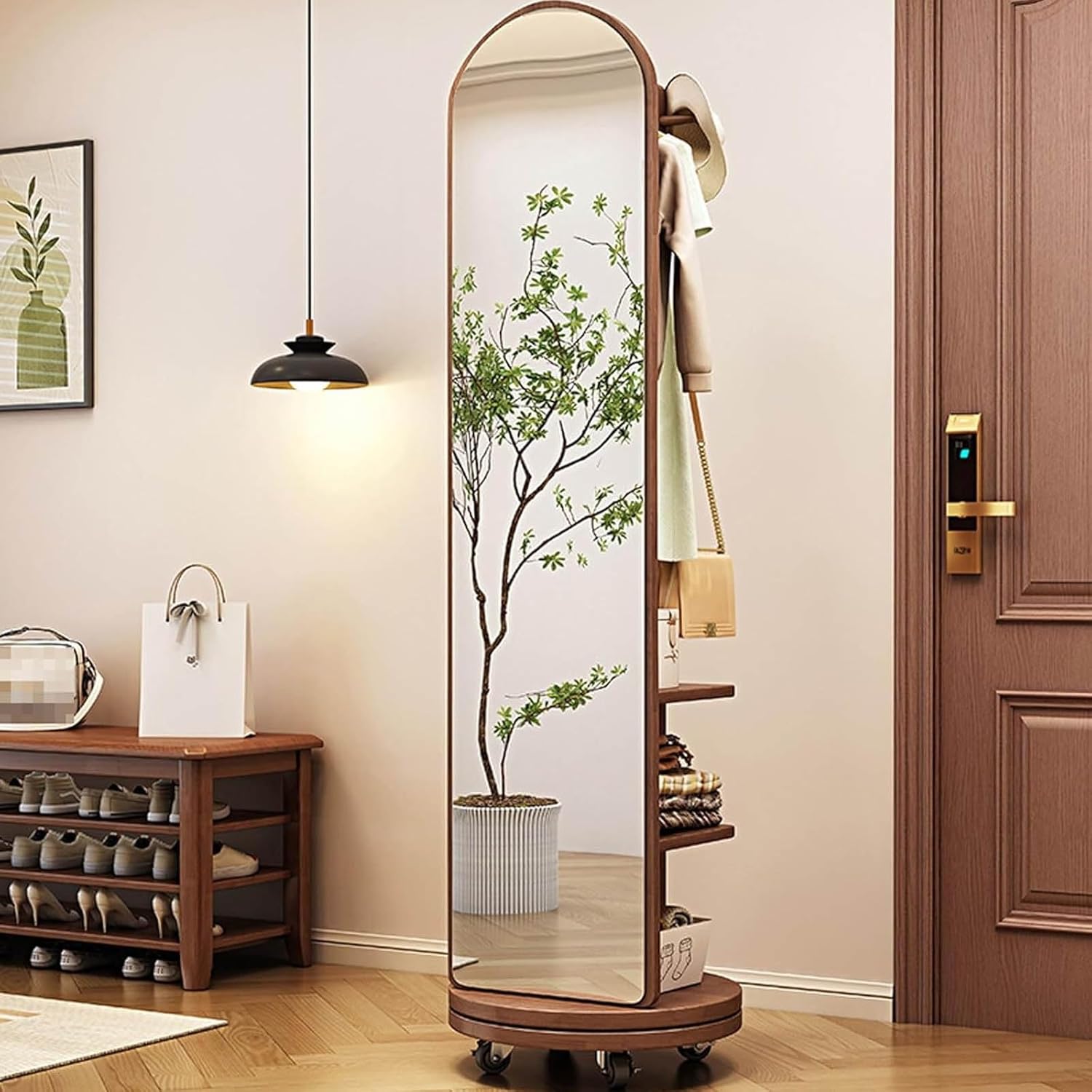 2-in-1 Solid Wood Floor Mirror & Coat Rack, Oversized Full-Length Rotating Mirror on Wheels with Bookcase for Living Room & Bedroom, Walnut Finish, 19.7x19.7x67.7in
