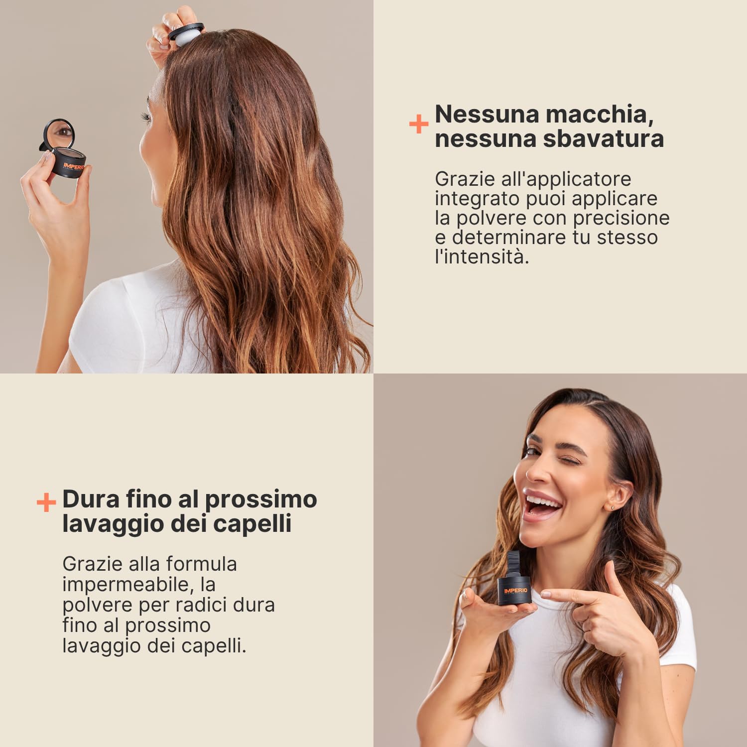 Polvere per capelli IMPERIO - Correttore per infoltimento capelli per donna e uomo, mascara per capelli waterproof per nascondere la ricrescita - 4g (castano scuro)