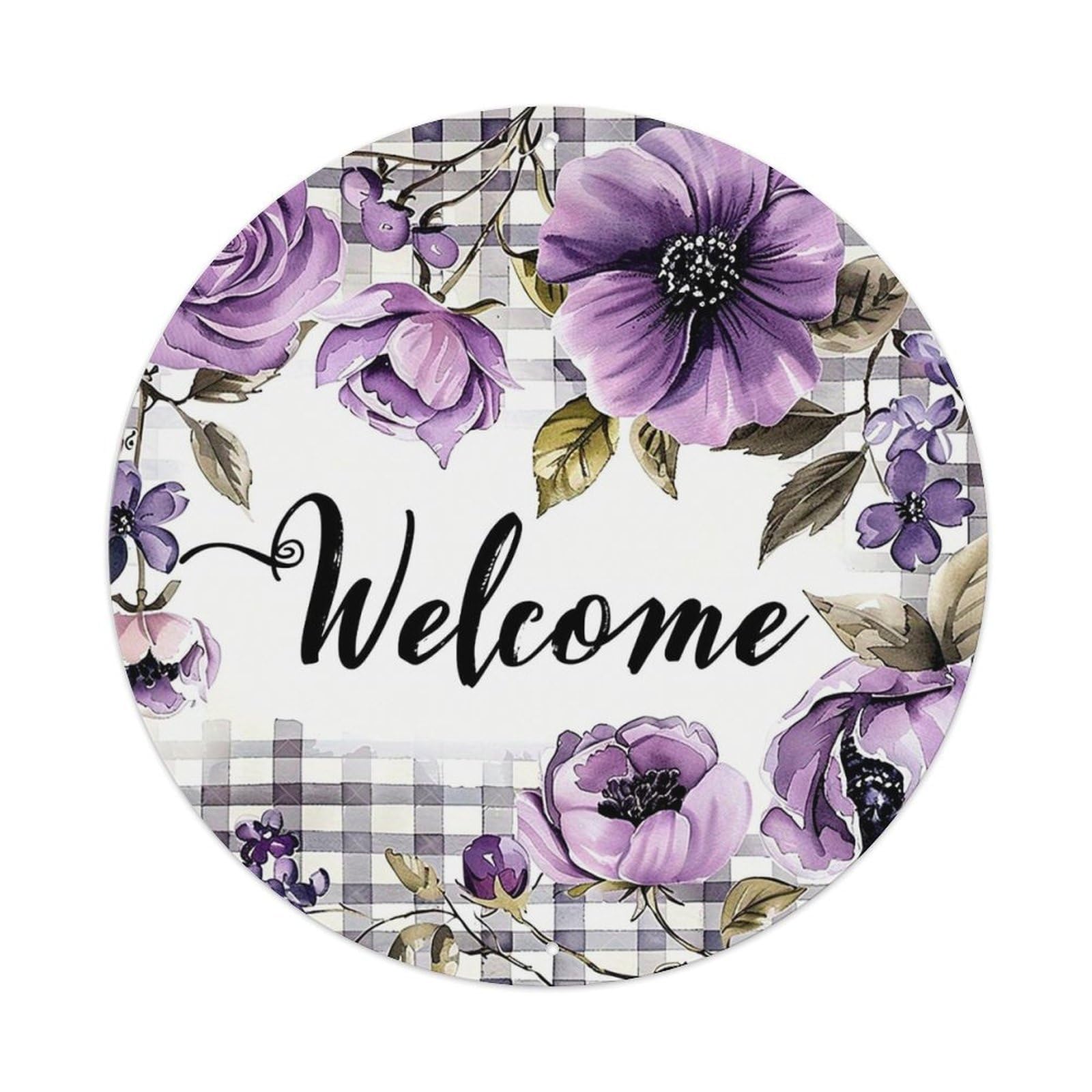 Jdyaojiesheng Vintage Floral Purple Checkered Welcome Design Round Tin Sign Retro Metal Wall Decor Metal Poster, Home Bar Garage Farmhouse Cafe Wall Art Decoration 8X8inch
