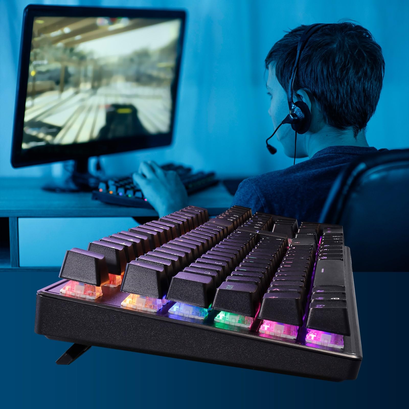 Eaxus® Clavier de jeu mécanique - Clavier de jeu LED avec touches macro et commutateurs bleus, taux de polling USB 1000 Hz, QWERTZ, noir