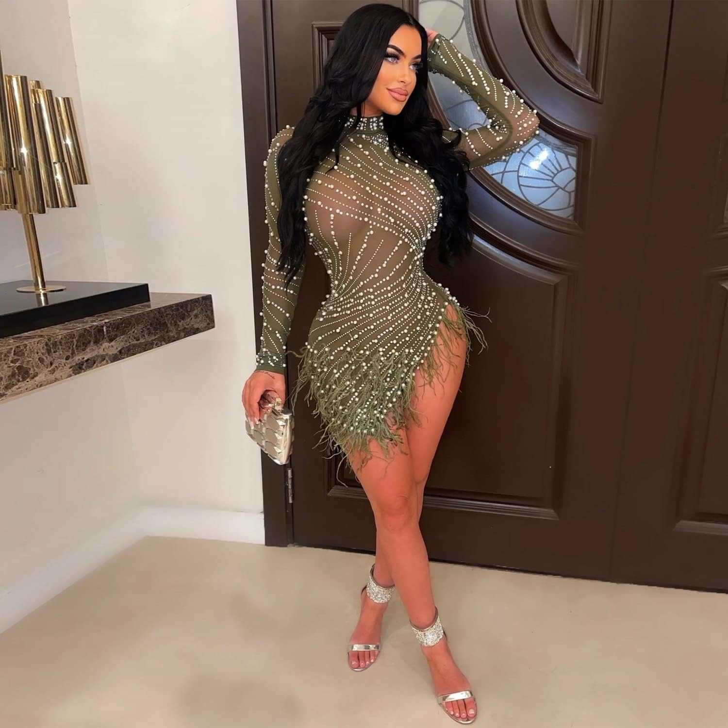 ENOPINK Women Sexy Rhinestone Feather Dress Mesh Sheer Bodycon Long Sleeve Mini Dresses Birthday Outfits Clubwear - Image 3