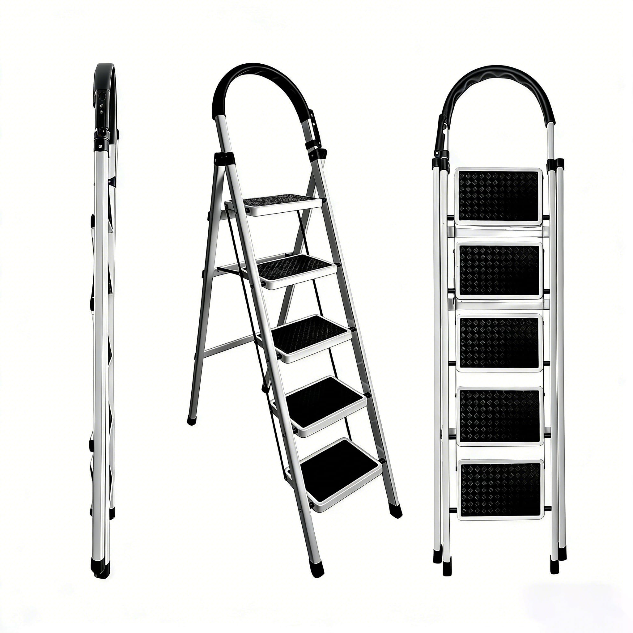 Escalera 5 PedañOs con Acero Al Carbono,Escalera Escaleras Plegables Bandeja de Herramientas,Escalera Plegable Alfombrillas Antideslizantes,Carga Maxima 150kg Blanco