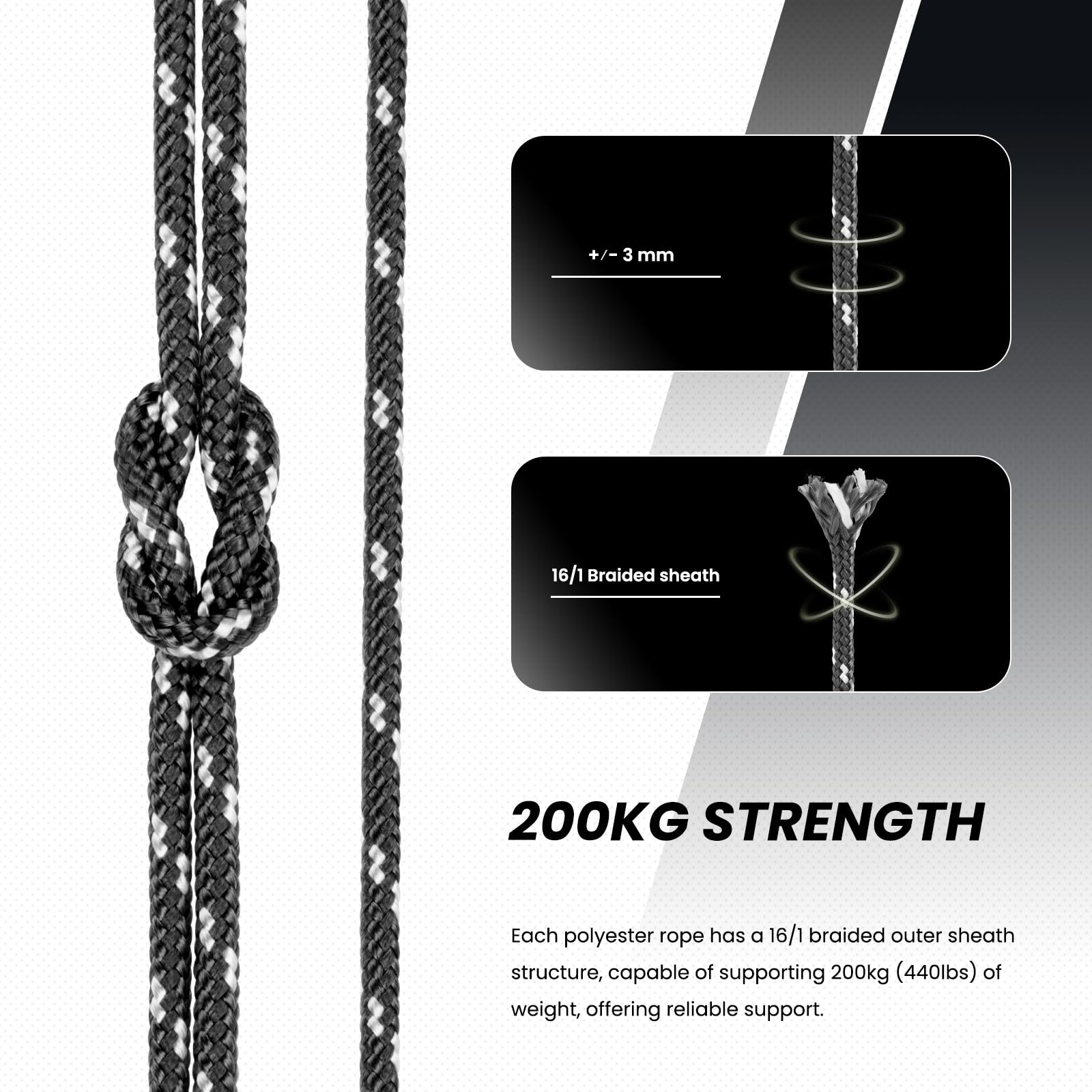 Abma Cord Polyesterseil 3mm x 20m Seil Geflochtene Schnur Reißfest für Outdoor, Boot, Festmacher, Zelt, Garten - Schwarz/Weiß