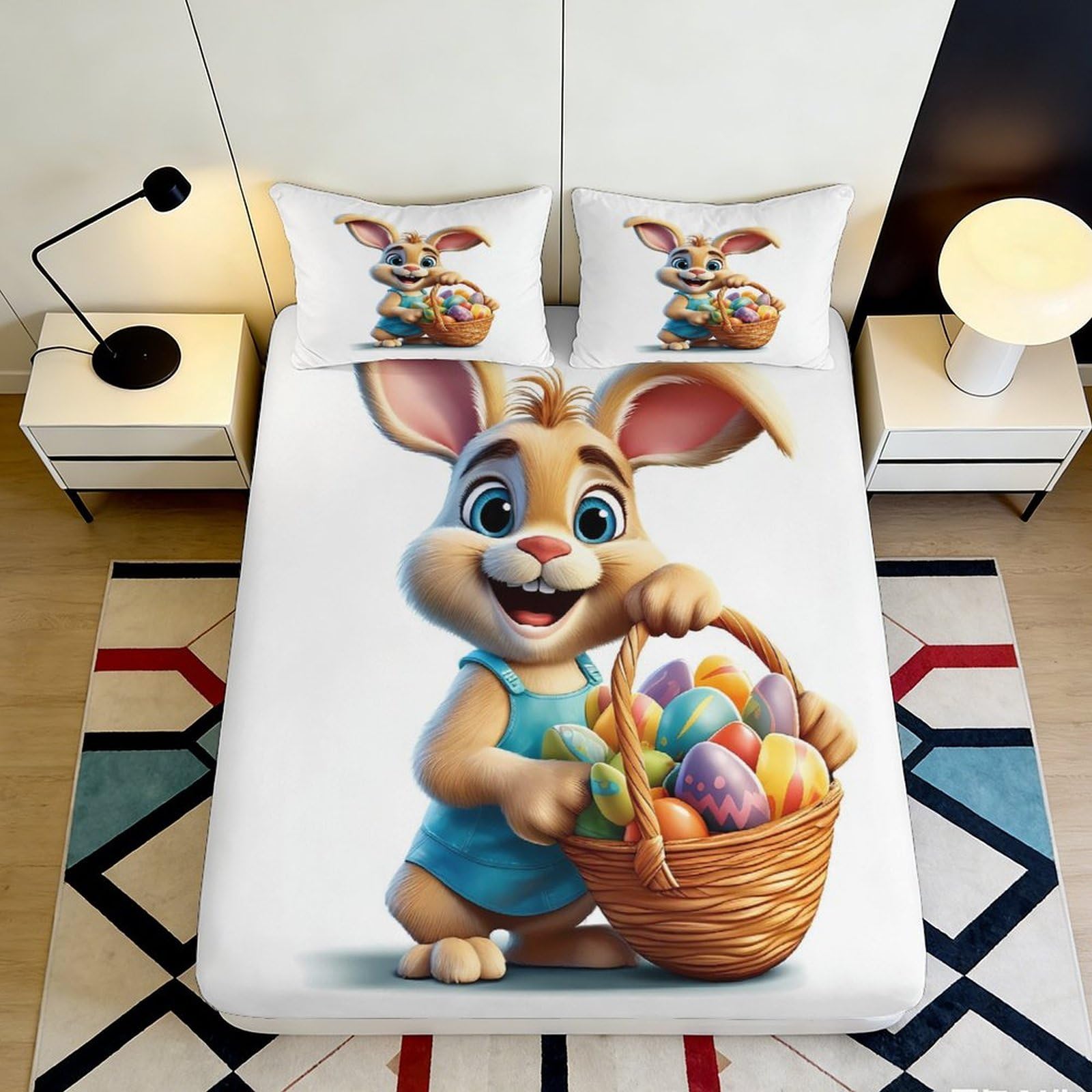 3D Printed Easter Bunny Fitted Sheet Microfiber Soft Non-Slip Egg Basket Bed Cover for Bedroom Guest Room Dorm 200x200x25cm