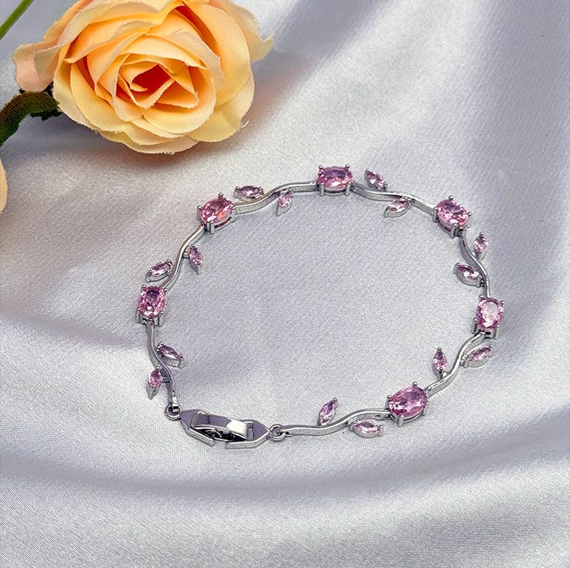 Image of Korean Anti Tarnish Trendy Tulip Bracelet for Women | Pink Stone Floral Design | Silver Tone Elegant Bracelet