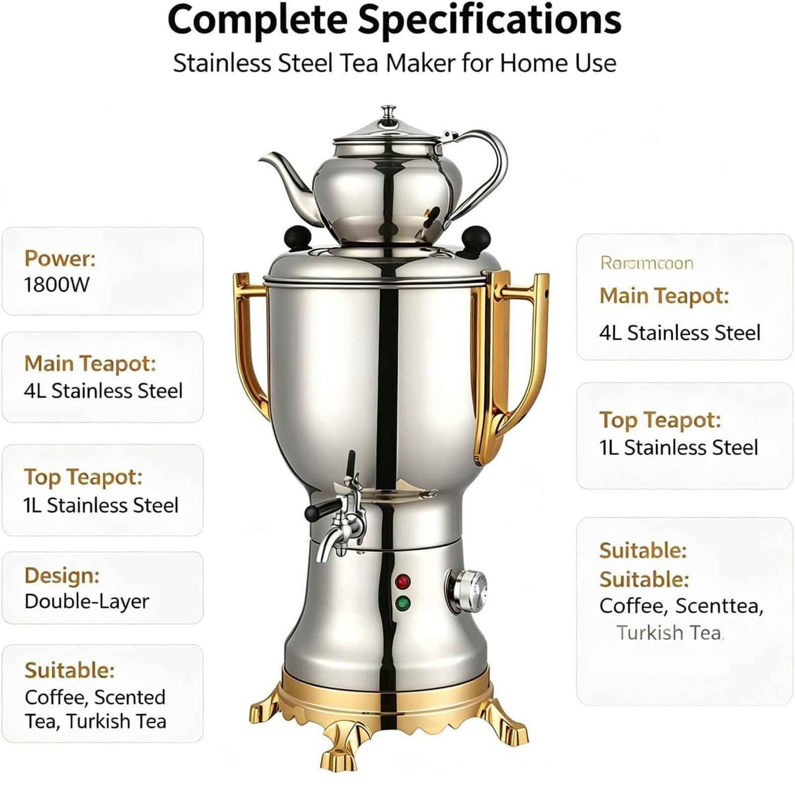 Samovar elettrico da 1800 W con teapo a 2 strati e acciaio inossidabile