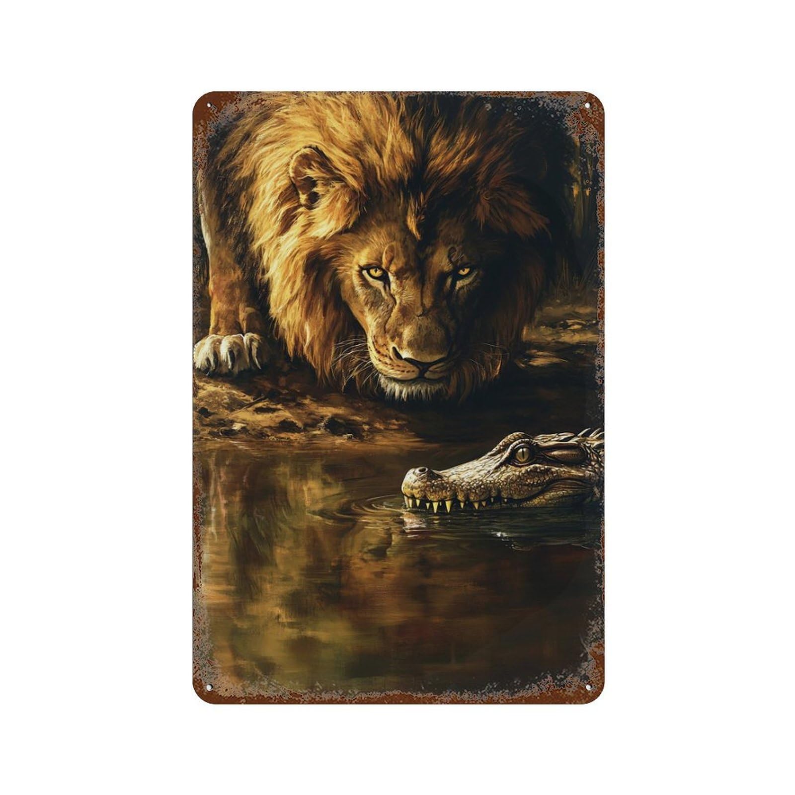 Lion Vs Crocodile Jungle Showdown 11.8"x7.9" Weathered Tin Sign, Shabby Chic Decor for Farmhouse, Kitchen And Entryway Decor