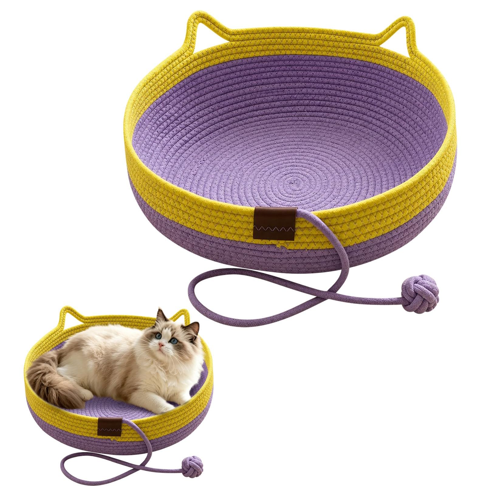 Cat Basket, Round Cotton Rope Cat Bed Scratching Pad, Breathable Foldable All-Season Pet Basket with a Playing Ball Toy, Boho Rope Woven Cats Bed (Grey) (Purple-35CM)