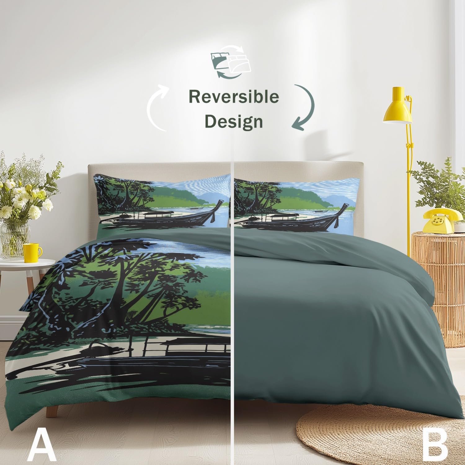 Niebieski komplet pościeli 200 x 220 cm, w stylu retro, na urlop, plażę, wzgórza, drewniana łódź, poszwa na kołdrę z poszewkami na poduszki, do mieszkania, pokoju dla dorosłych, komplet pościeli z