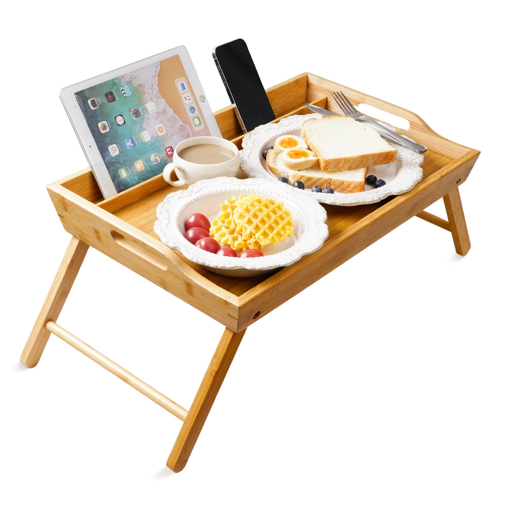 unycos - Frühstückstablett Bambus Klappbar 55 x 35 x 24,8 cm, Betttablett mit hohem Rand und Tragegriffen, Serviertablett fürs Bett und Sofa, Laptoptisch zum Lesen und Frühstücken (Arbeitstisch)