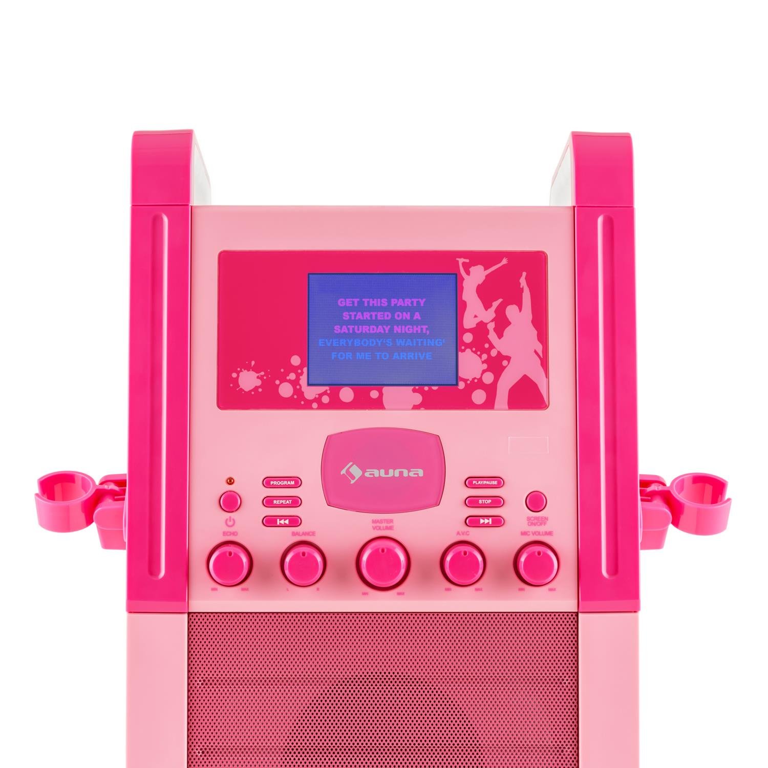 AUNA KA8P-V2 BK - Reproductor de Karaoke, 2 micrófonos, Altavoces, Reproductor CD+G, Pantalla TFT, Salida Video, AUX, Rosa