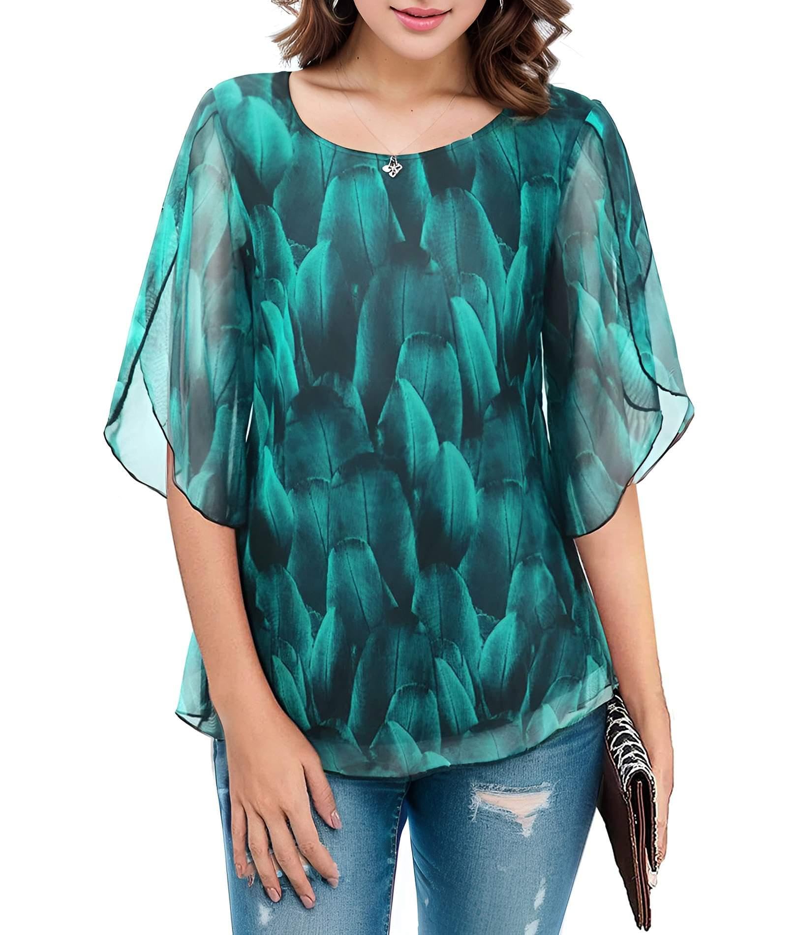 3/4 Length Sleeve Womens Tops Womens Dressy Casual Chiffon Blouses Flowy Summer Tunic Tops Loose Fit Shirt