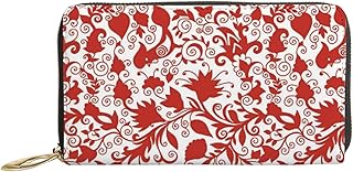 Carteiras femininas de couro genuíno Paisley folhas flores padrão porta-cartão de crédito estojo com zíper organizador de embreagem de couro feminino bolsa longa de viagem, Estampa de flores de folhas de caxemira, 7x4.3x0.8 Inches