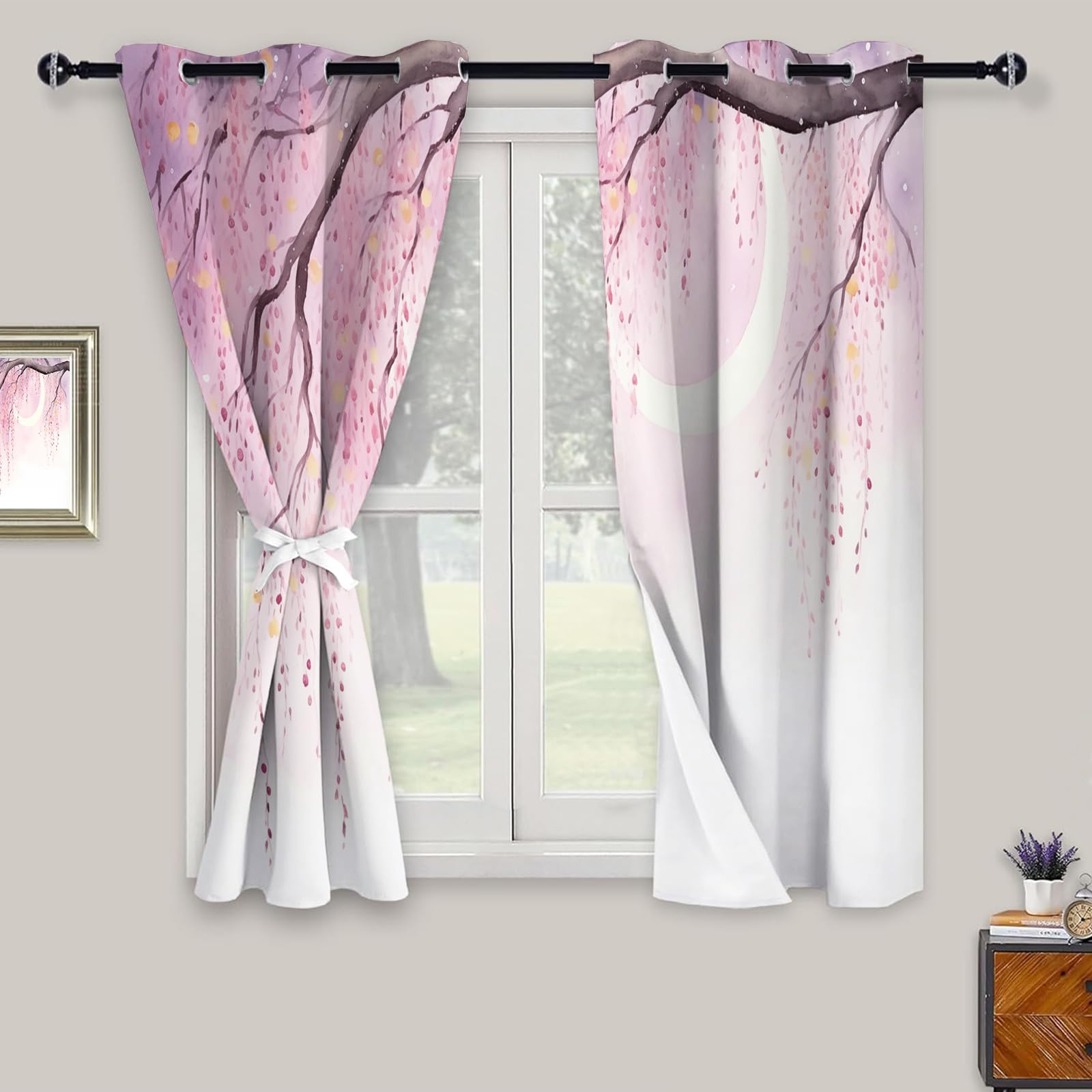 Rideaux Occultant Ciel Lunaire Saule Lot De 2 140Lx240H Cm, Rideau Thermique Anti Froid Poudre Blush Rideau Opaque Aquarelle Rêveuse À Oeillets Cloisons Draperies pour Chambre Salon