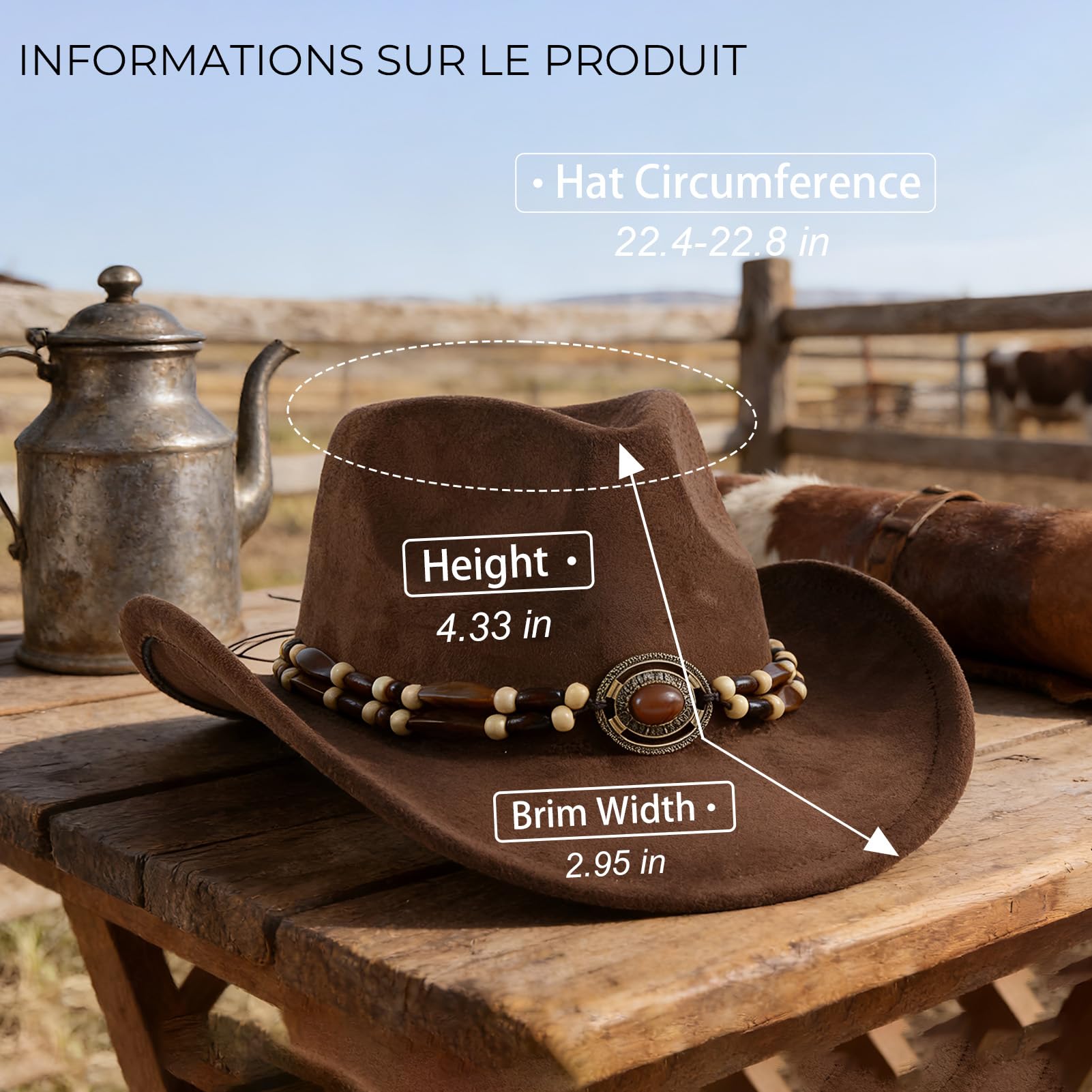 MYKAGS Brown Occidental Cowboy Chapeau Hommes et Femmes Large Edge Outdoor Suede Chapeau Taille Réglable Classique Cowboy Chapeau Design de Mode
