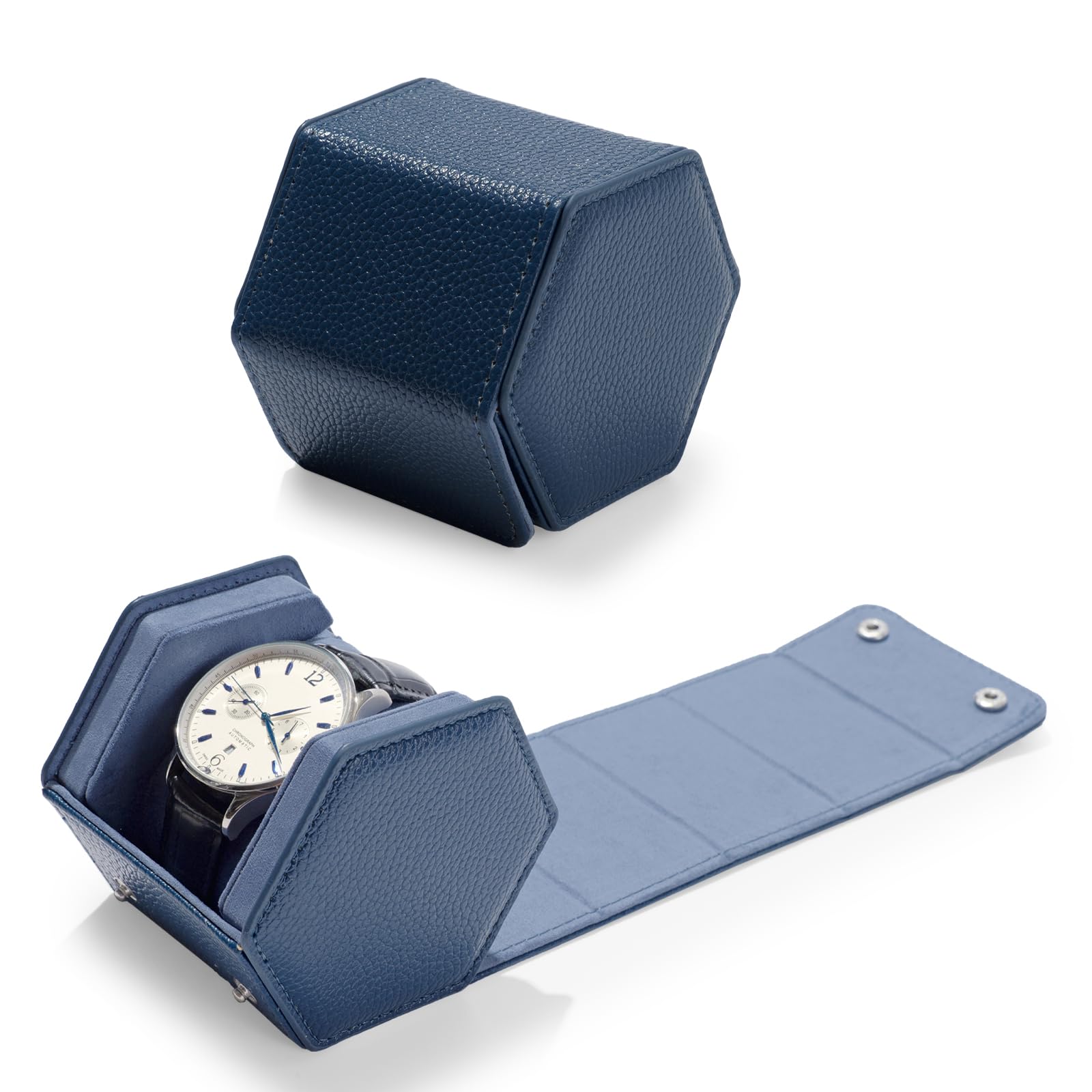 Oirlv Luxury Hexagonal Leather Watch Travel Case Single Watch Box for Men Portable Jewelry Storage Roll Organizer(1-Slot,Blue)