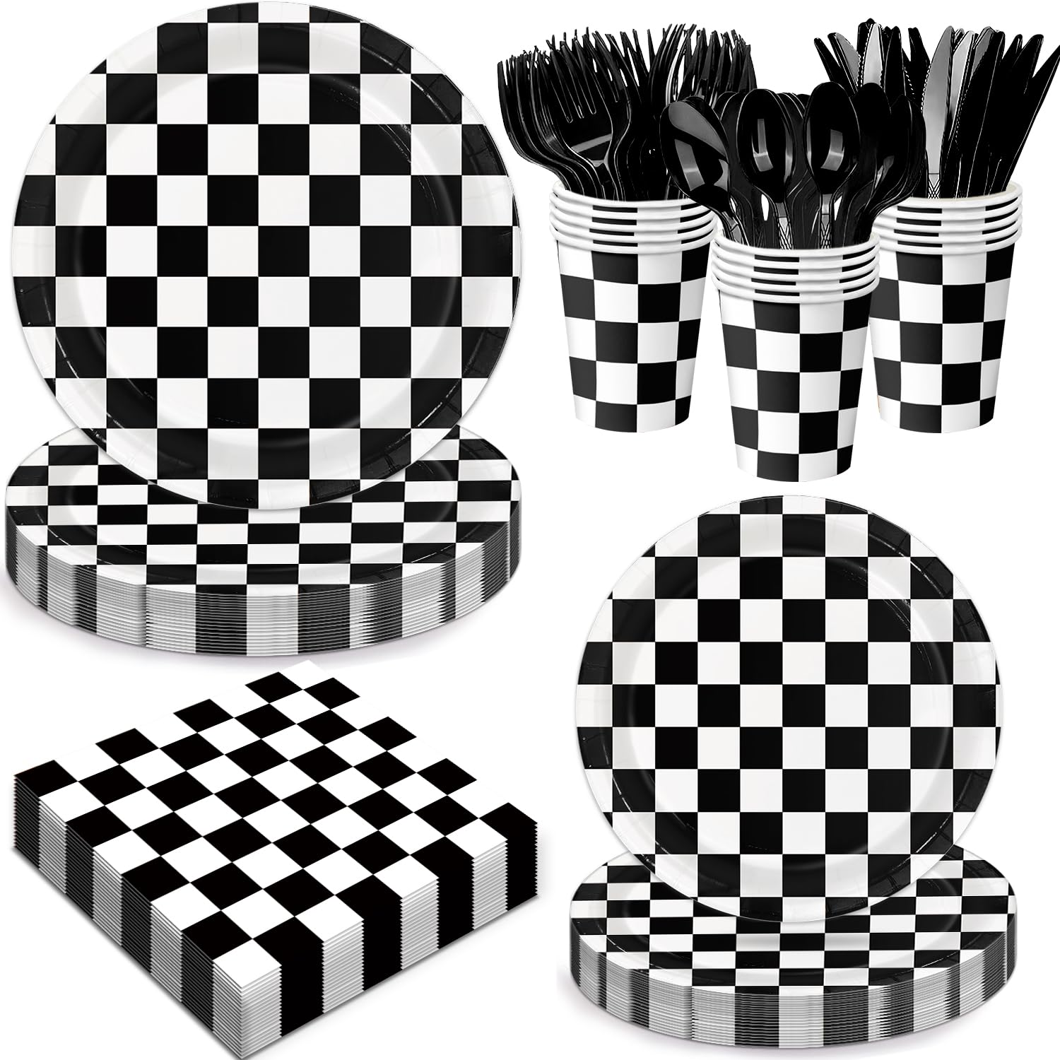 Oigco 168 PCS Race Car Birthday Party Decorations with Checkered Flag Plates, Cups, Napkins, Cutlery for Cars Birthday Decorations, Serves 24
