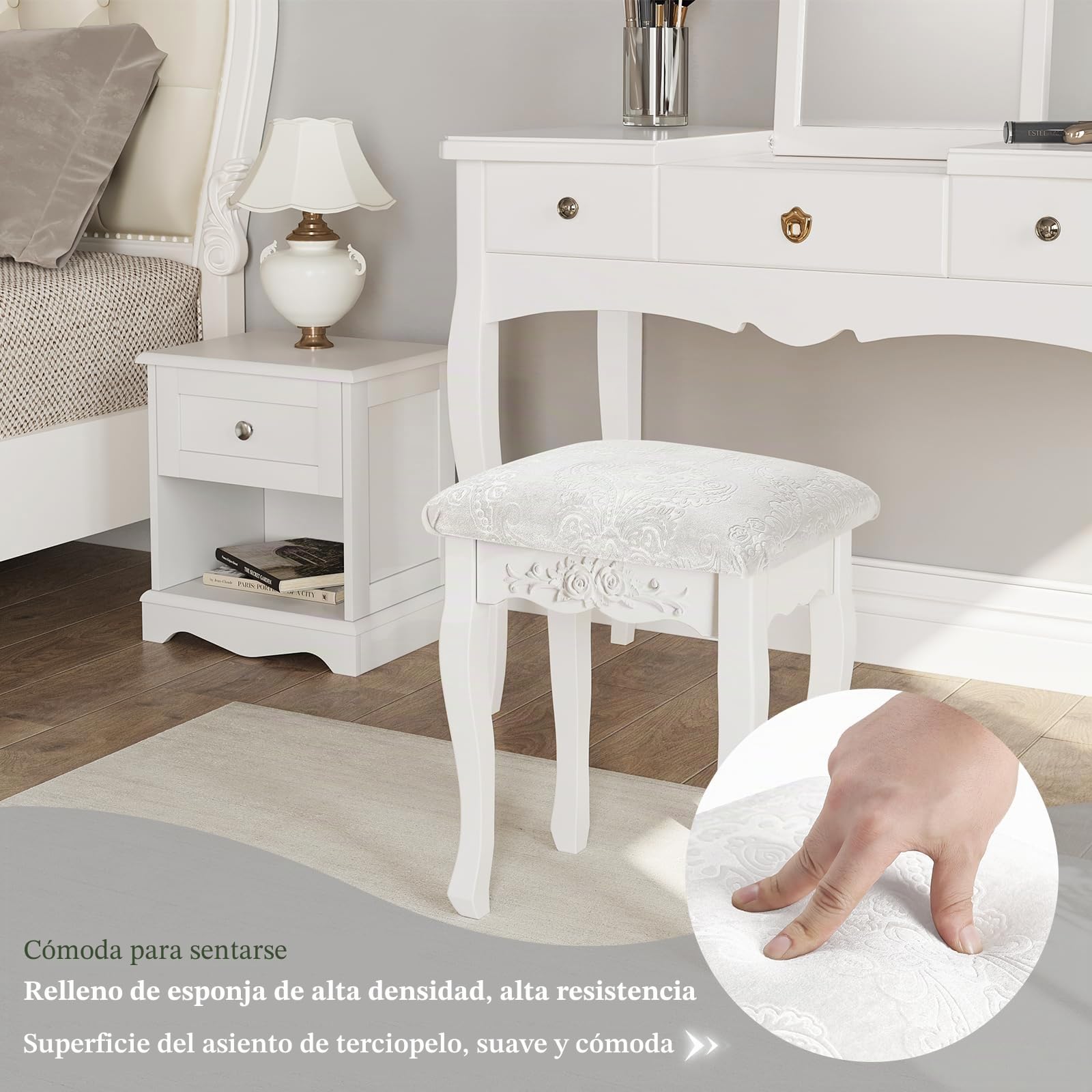 WOLTU Taburete de Maquillaje Rústico Tapizado Madera MDF Lacado Blanco Crema