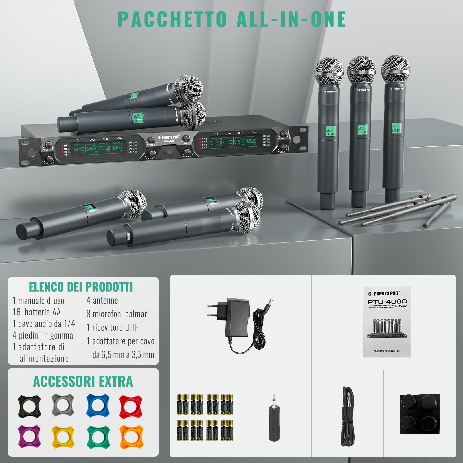 Phenyx Pro Sistema Microfono Wireless UHF PTU-4000-8H | 8 microfoni palmari in metallo, Capsule dinamiche, Portata 80 m, Karaoke, Cerimonie religiose, Canto, Set DJ