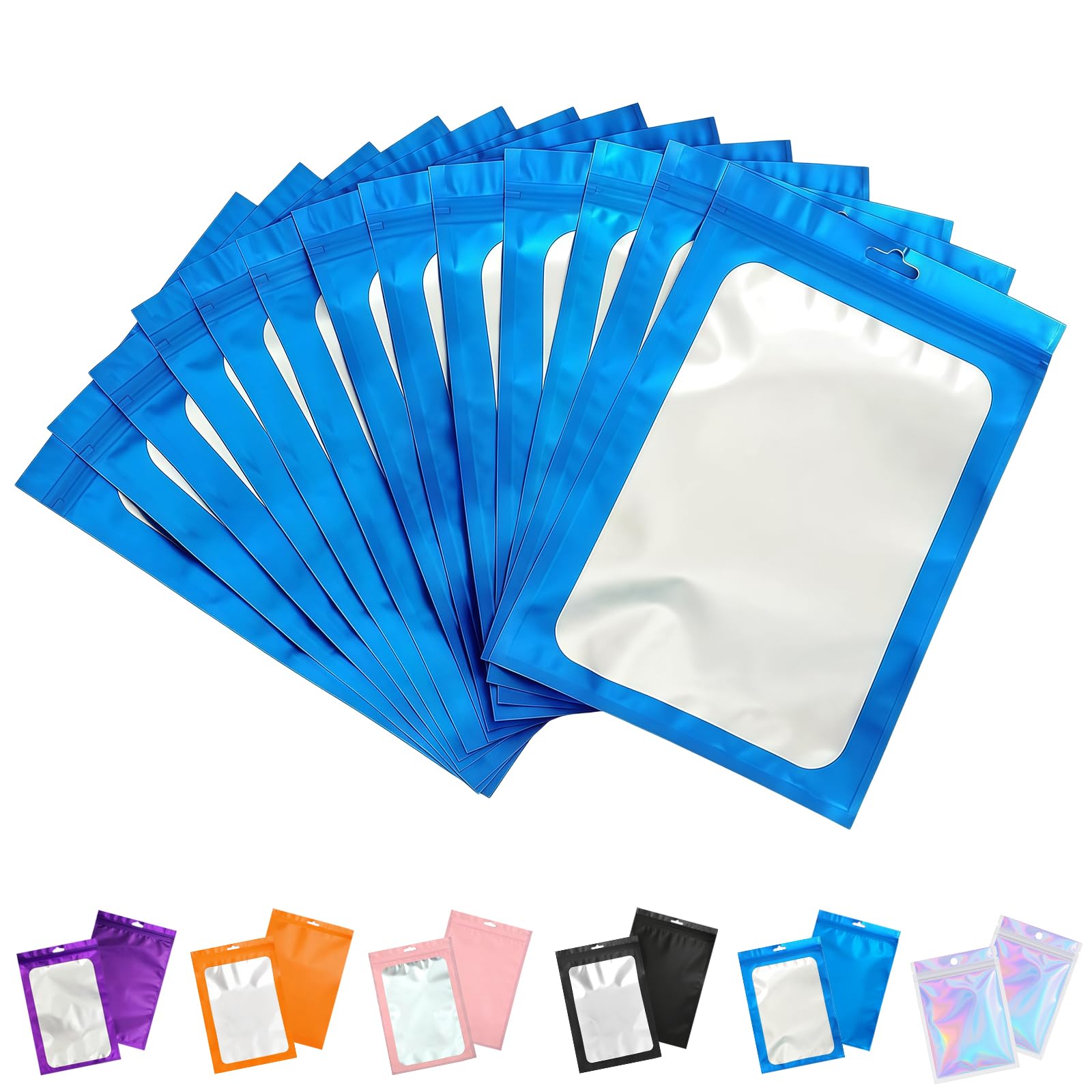 50 PCS Blue Mylar Bags 12 x 20 cm, Resealable Smell Proof Food Storage Pouches, Heat Seal Foil Zip Lock Bags for Cookies, Snacks, Tea, Gifts and Small Business Packaging
