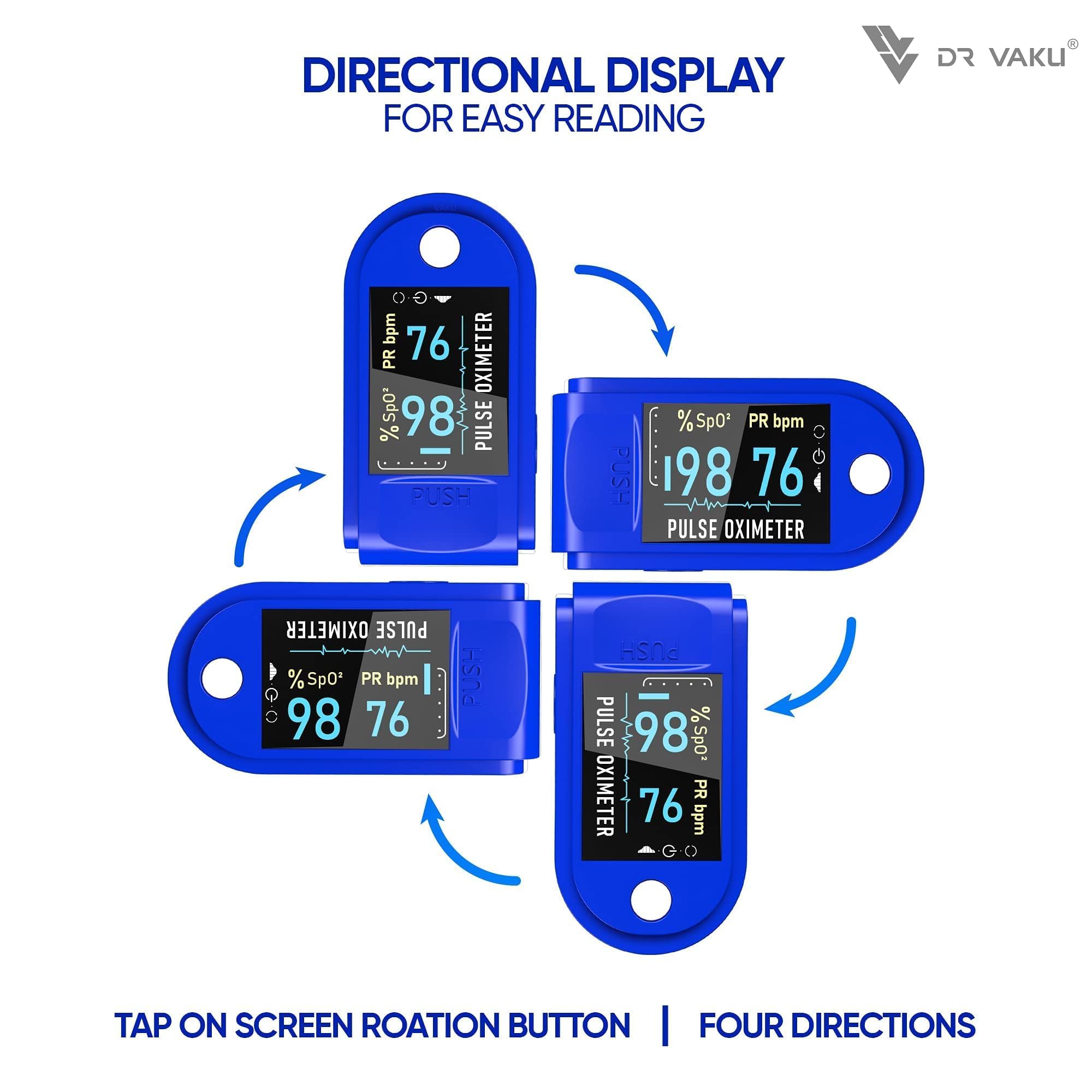 DR VAKU® Swadesi Pulse Oximeter Fingertip, Blood Oxygen Saturation Monitor Fingertip, Blood Oxygen Meter Finger Oximeter Finger with Pulse, with Four Color TFT Screen [Battery Included] – Blue - Image 7 thumbnail