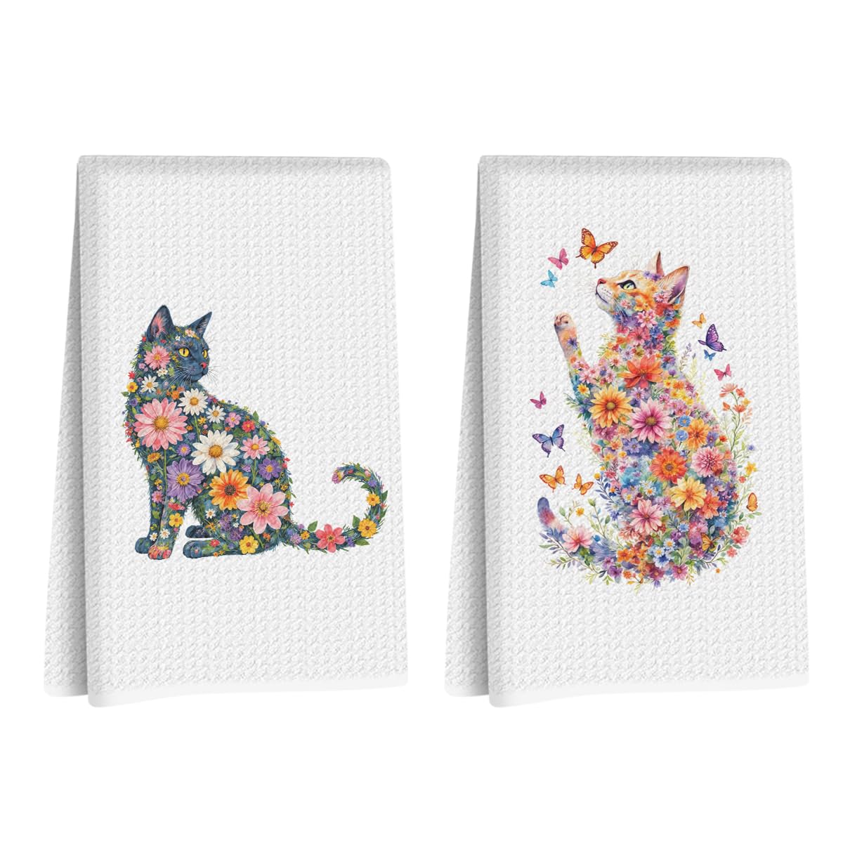 2 Pcs Flower Cat Kitchen Towels, Floral Cat Hand Towel for Bathroom Decor