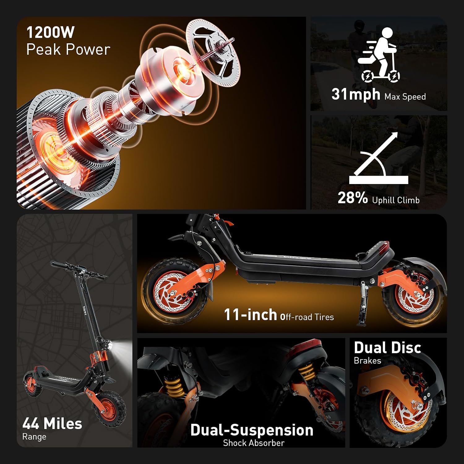 Hiboy DM Series Off-Road Electric Scooter, 1200W–2400W Motors, Up to 44–62 Miles Range, 31–37 MPH, 11" Tubeless Tires, Dual Disc Brakes & Dual Shock Absorption, UL 2272 Certified