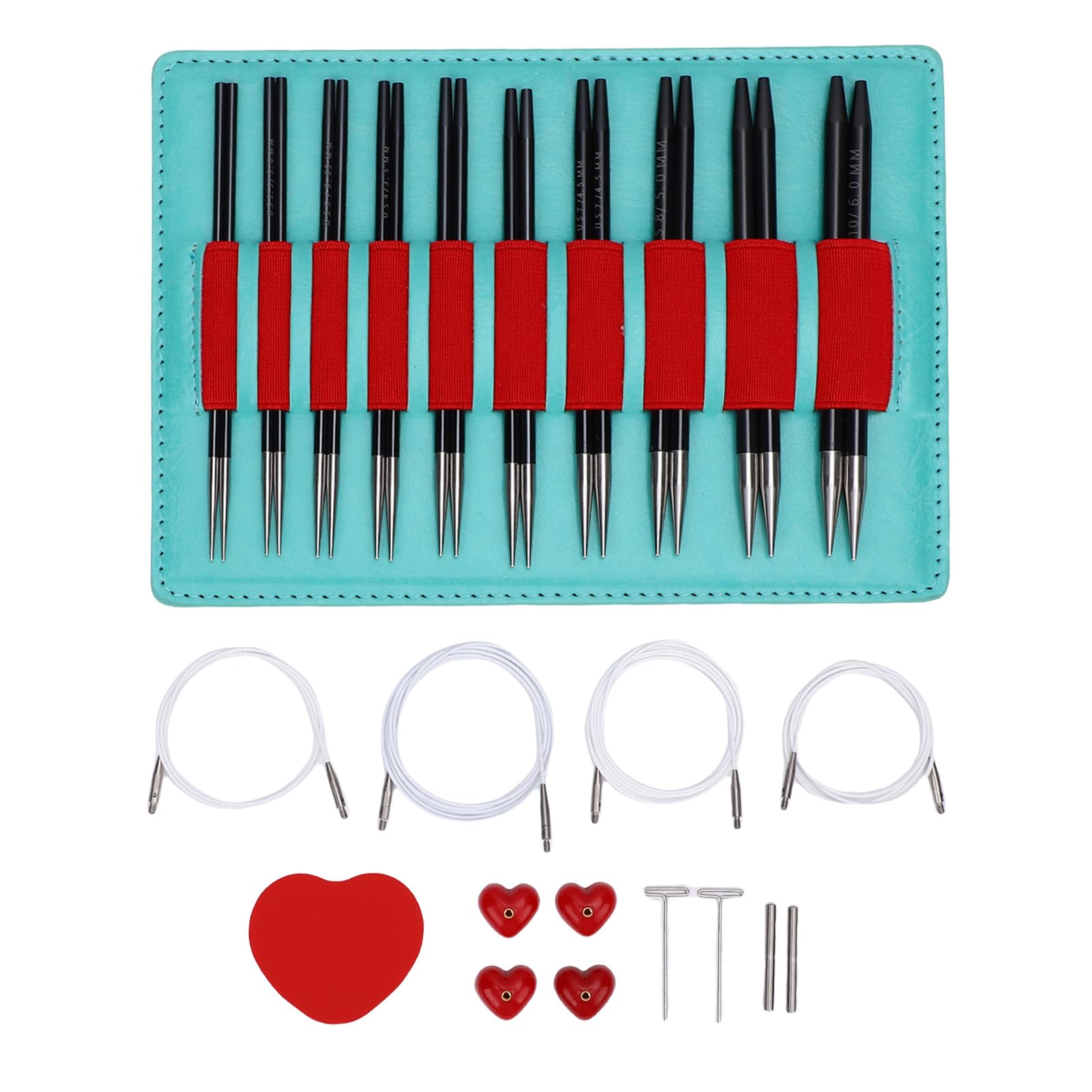 HEEPDD Set di Ferri da Maglia Intercambiabili da 30 Pezzi di Calibro Fine, Set di Ferri da Maglia, 10 Paia da 2,75 a 6,0 Mm Punte Corte in Alluminio da 12 Cm di Lunghezza e 4 Cavi per Calzini Pizzo
