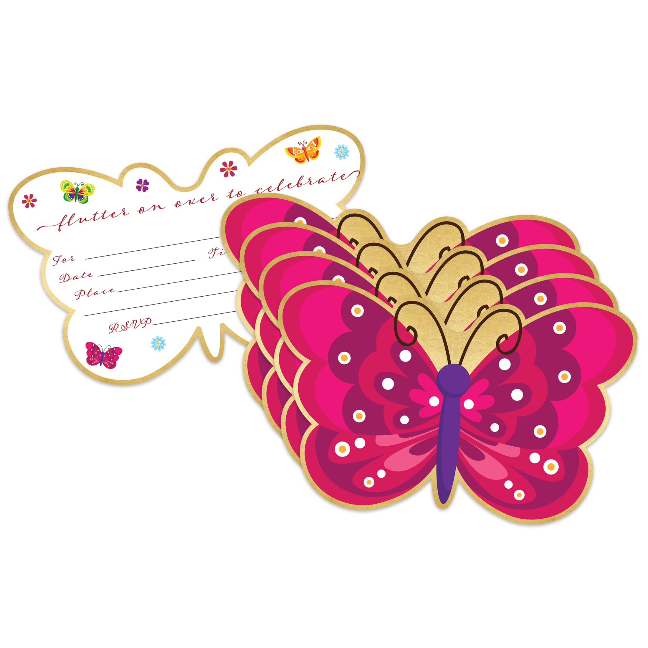 Metallic Foil Butterfly Cutout Birthday Party Invites For Girls Kids - 20 Count of 4 x 6 Inch Double Sided Fill-In Invitations With Wet To Seal