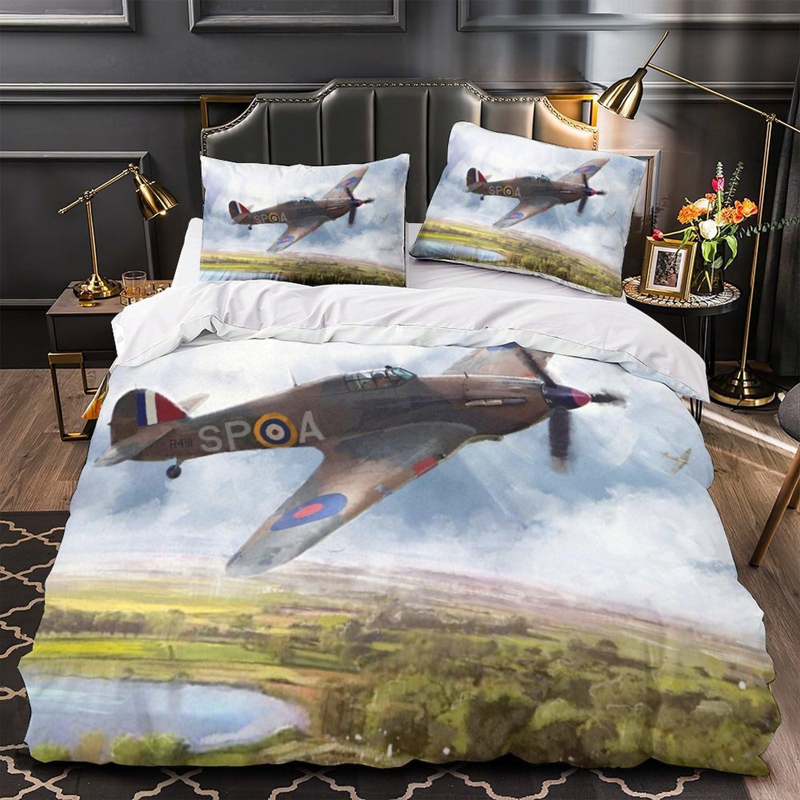 Mjasvndfo Style-6 British Hurricane Fighter Comforter Covers Duvet Cover For Teens And Adults 3D Print Military Quilt Cover With Zipper Closure Soft Microfiber Bedding Set With Pillow Cases 3 Pieces Double（200X200cm）