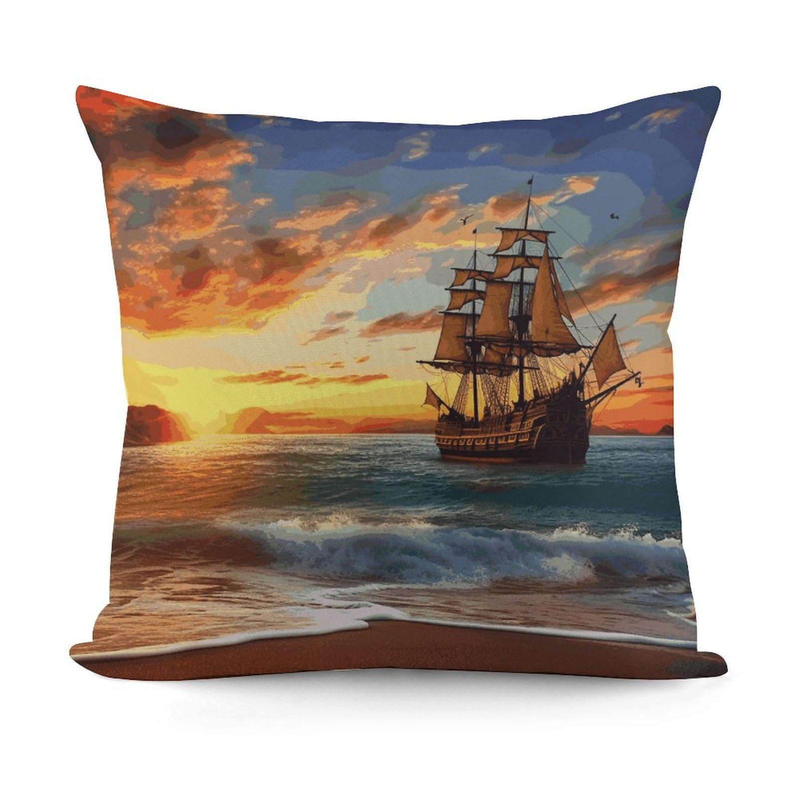 JTREHY Pirate Ship in The Sunset Pillow Covers Decorative Throw Pillow Covers Soft Decor Couch Cushion Case Modern Square Pillow Cases Summer Pillow Cover for Sofa Living Room 18x18 in