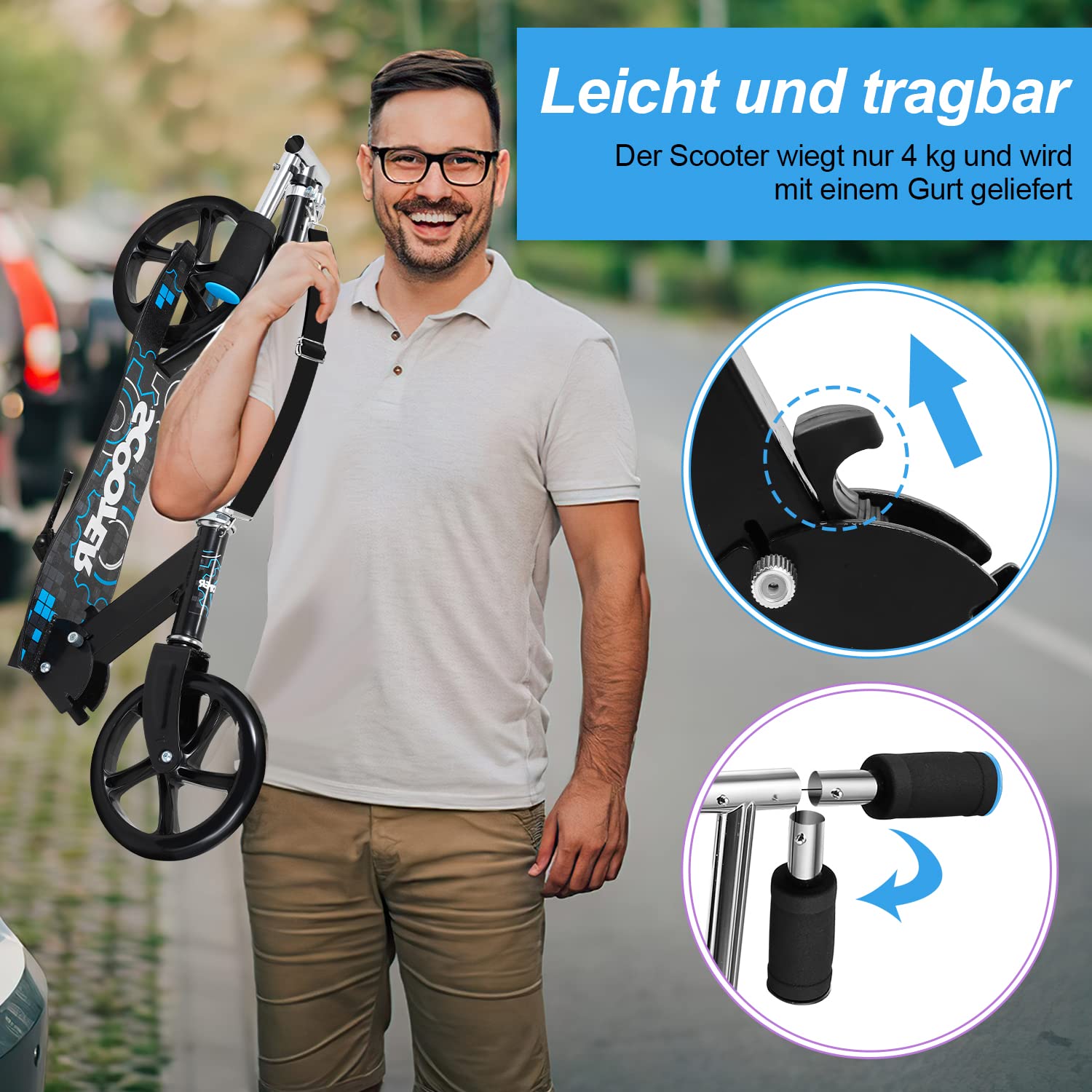 Trottinette pliable pour enfant - Hauteur réglable - Avec roues Big Wheel et sangle de transport