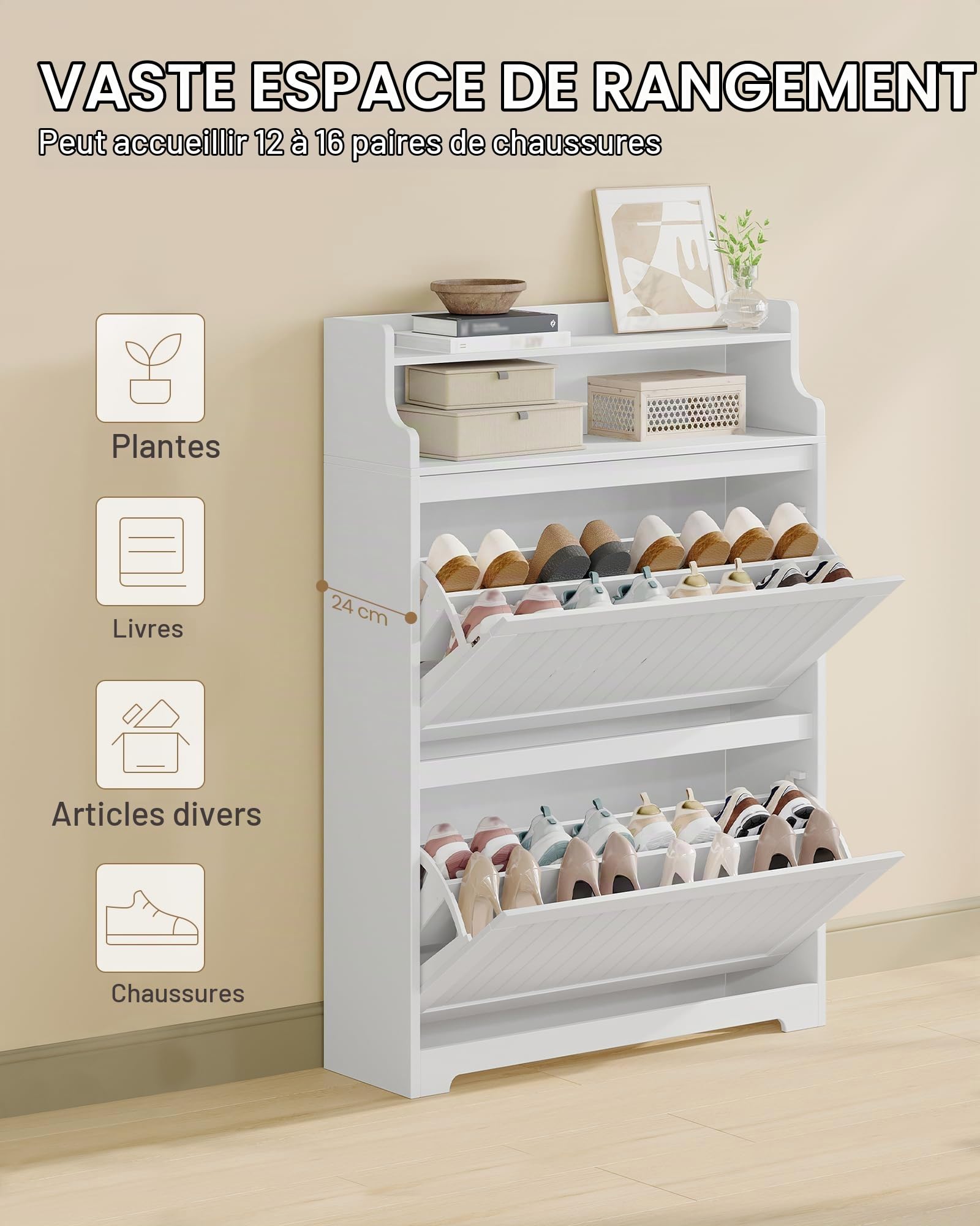 Hzuaneri Meuble à Chaussures, 2 Abattants (80L cm), 16 Paires, Blanc