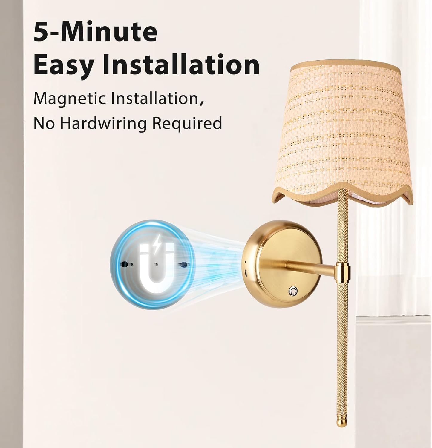 Battery Operated Boho Vintage Wall Sconce Set of 2, Stepless Dimming Rattan Magnetic Wall Lamp, 5200mAh Rechargeable Battery and Integrated LED, for Living Room Bedroom Hallway Corridor