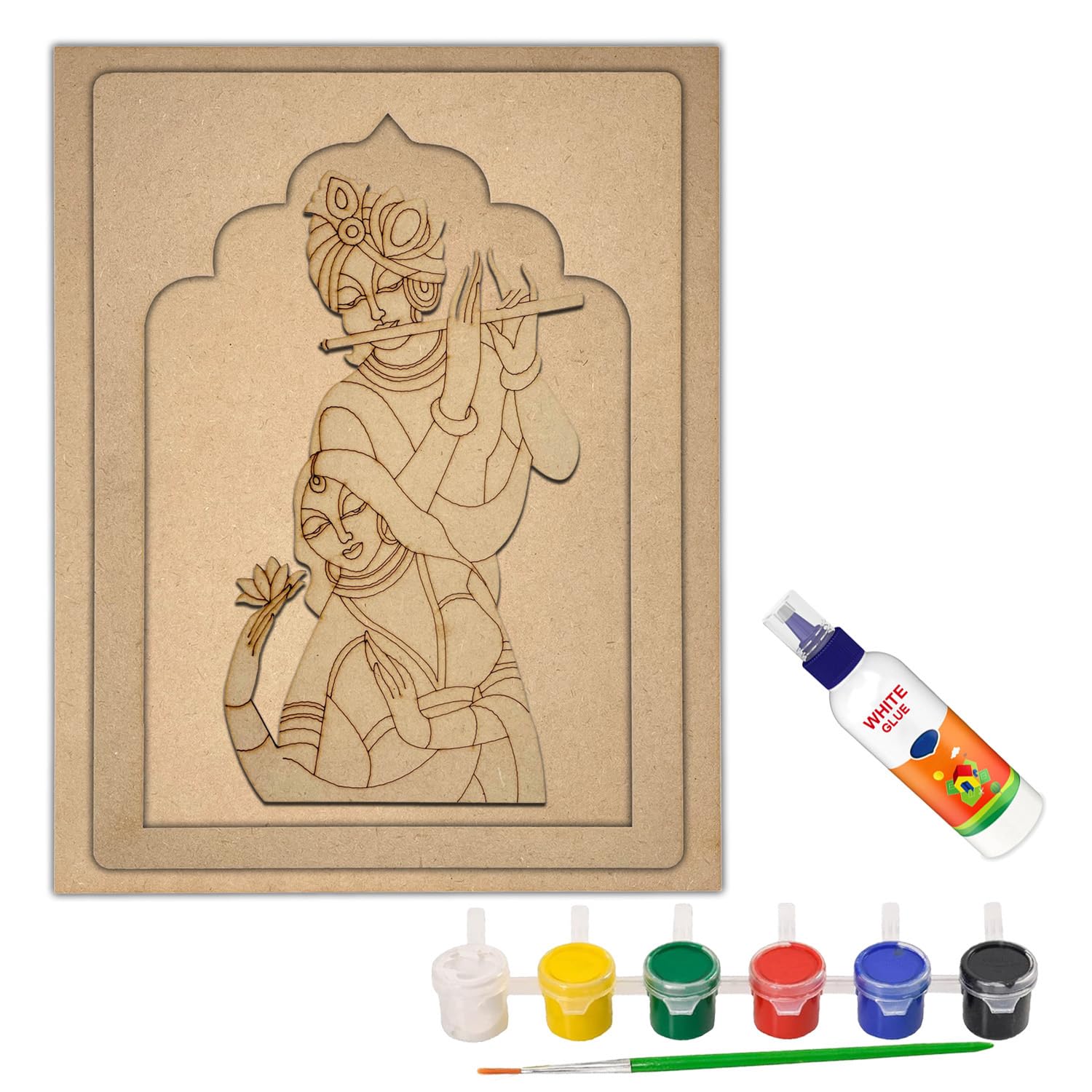 WRAPPING STUDIO MDF Board for Lippan Art - Pre-Marked Radha Krishna in Jharokha Design Cutouts for Craft, Painting, DIY Projects - Eco-Friendly MDF Wood, 30x23 cm, with Colors and Glue-image-33
