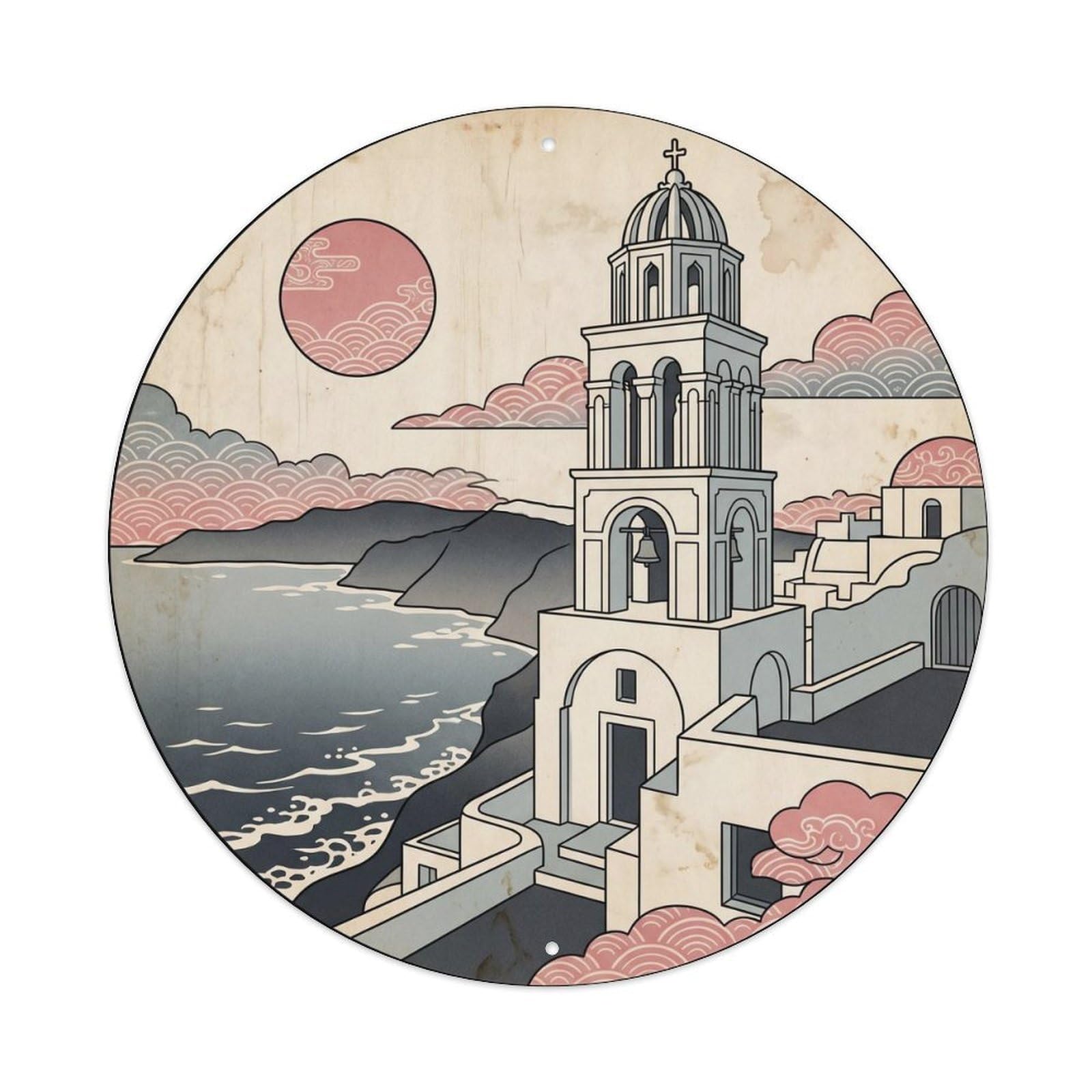 Megalochori Bell Tower Santorini Greece Blue Dome Oia Metal Tin Sign