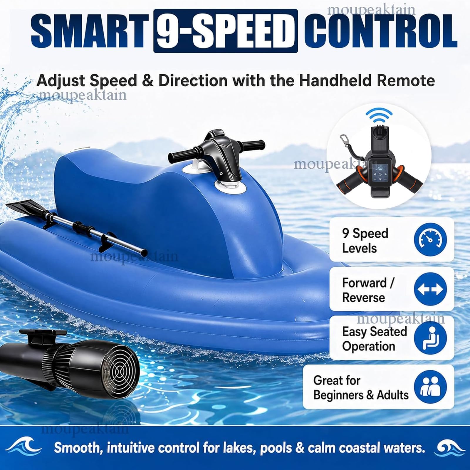 Barco Jet Eléctrico Hinchable para 2 Personas con Scooter Subacuático 500W/700W, Velocidad 3–9 km/h, Autonomía 130 min, Profundidad 40 m – para Buceo, Pesca y Aventuras en la Costa 16A