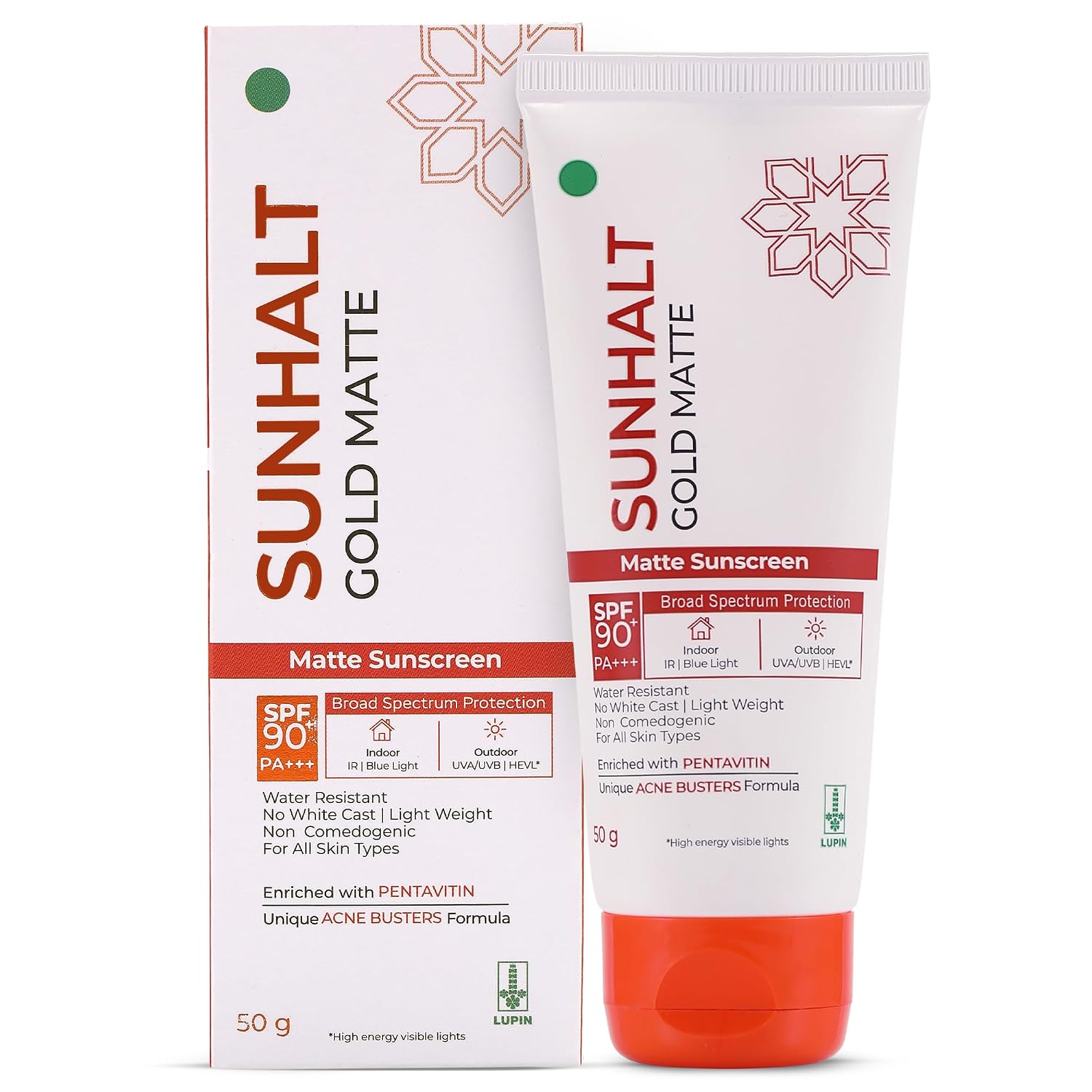 SUNHALT GOLD MATTE Sunscreen SPF 90+ PA+++ for UV/HEVL/IR/Blue Light Broad Spectrum Protection, With Acne Busters, Combats...