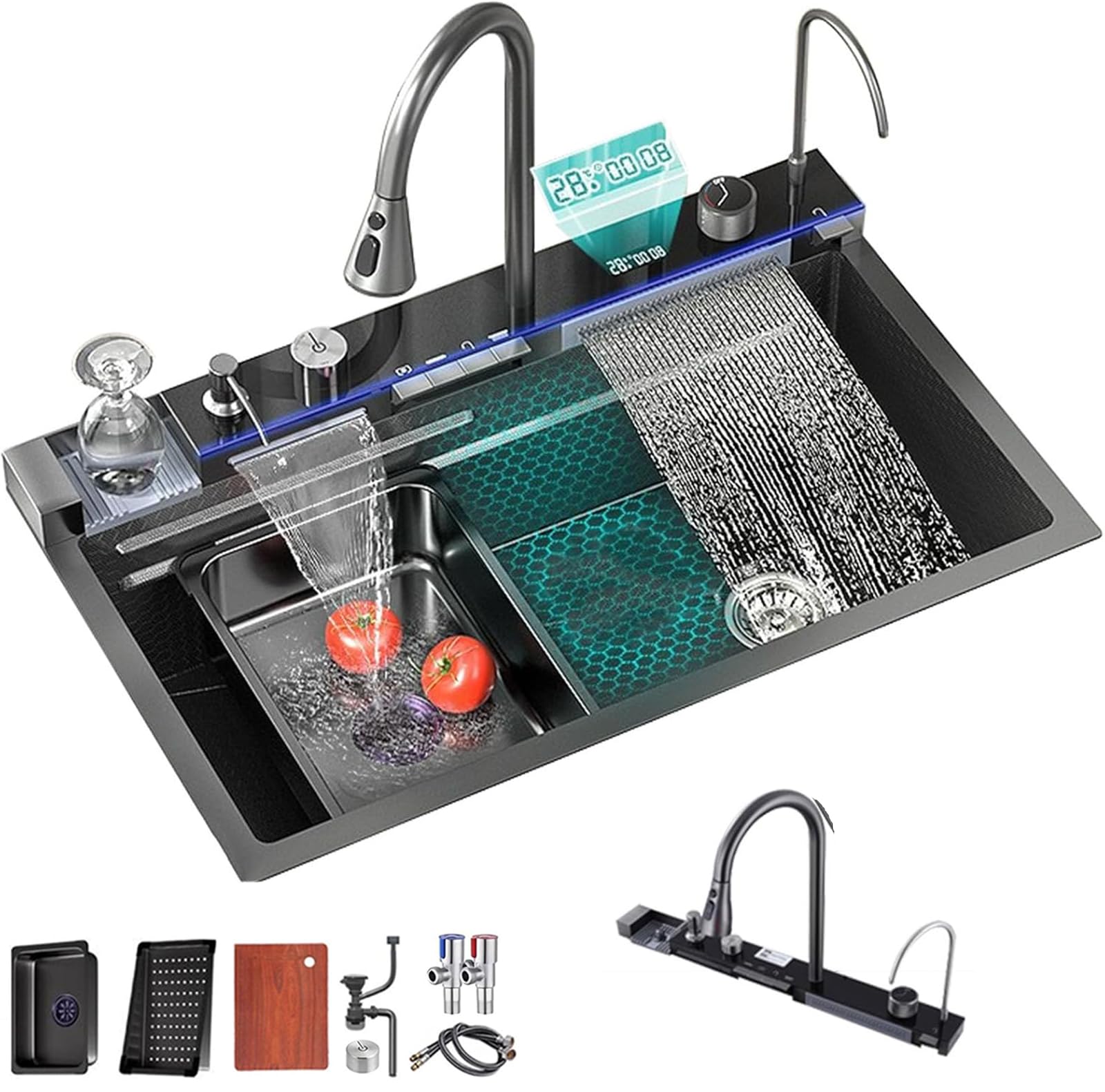 YADZISW Multifunctional 304 Stainless Steel Kitchen Sink with Waterfall Pull-Out Faucet Black Includes Cup Washers & Accessories 80x45cm - Modern Upgrade