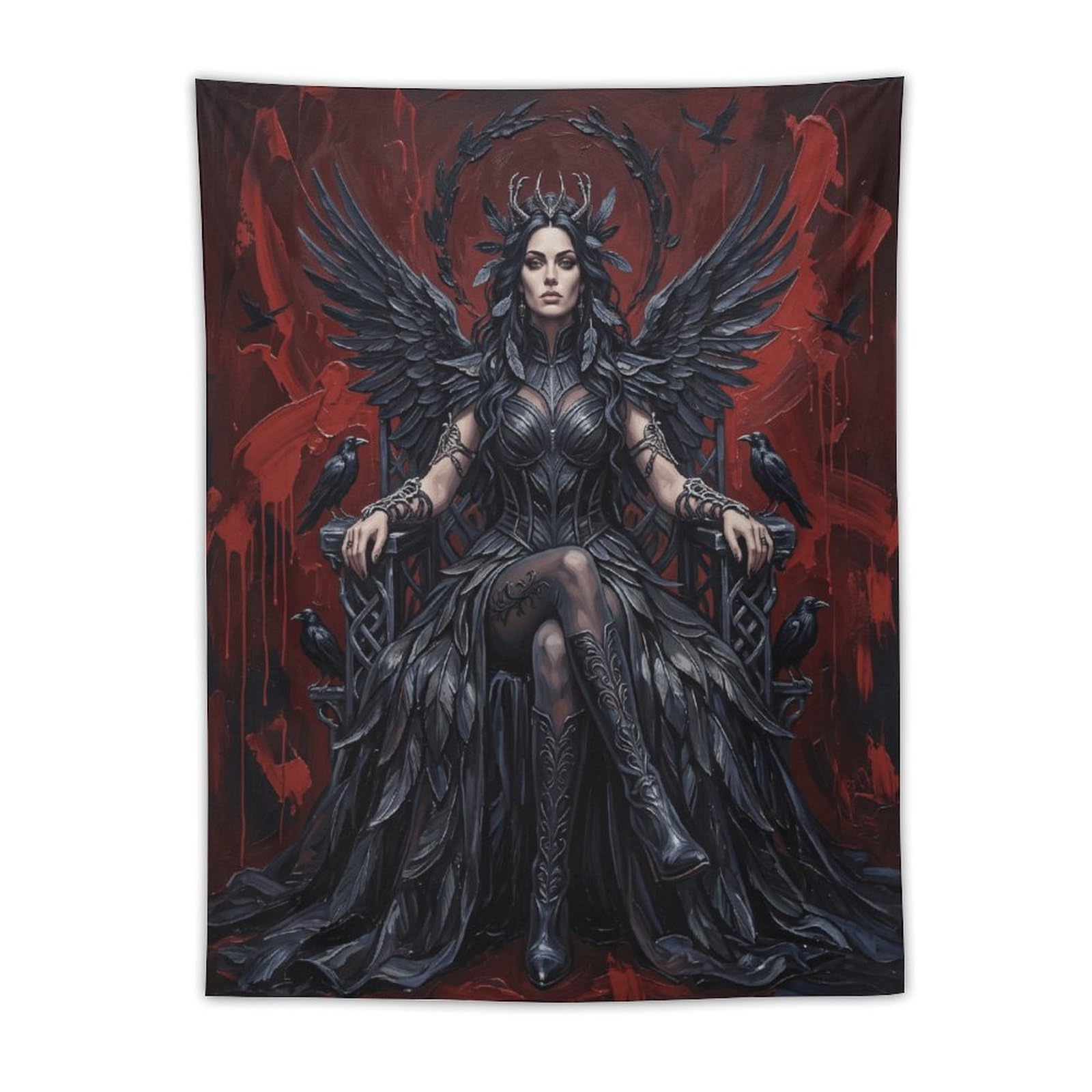 W7C8U2X3 Raven Queen Red Throne Wall Tapestry, Realistic Illustration
