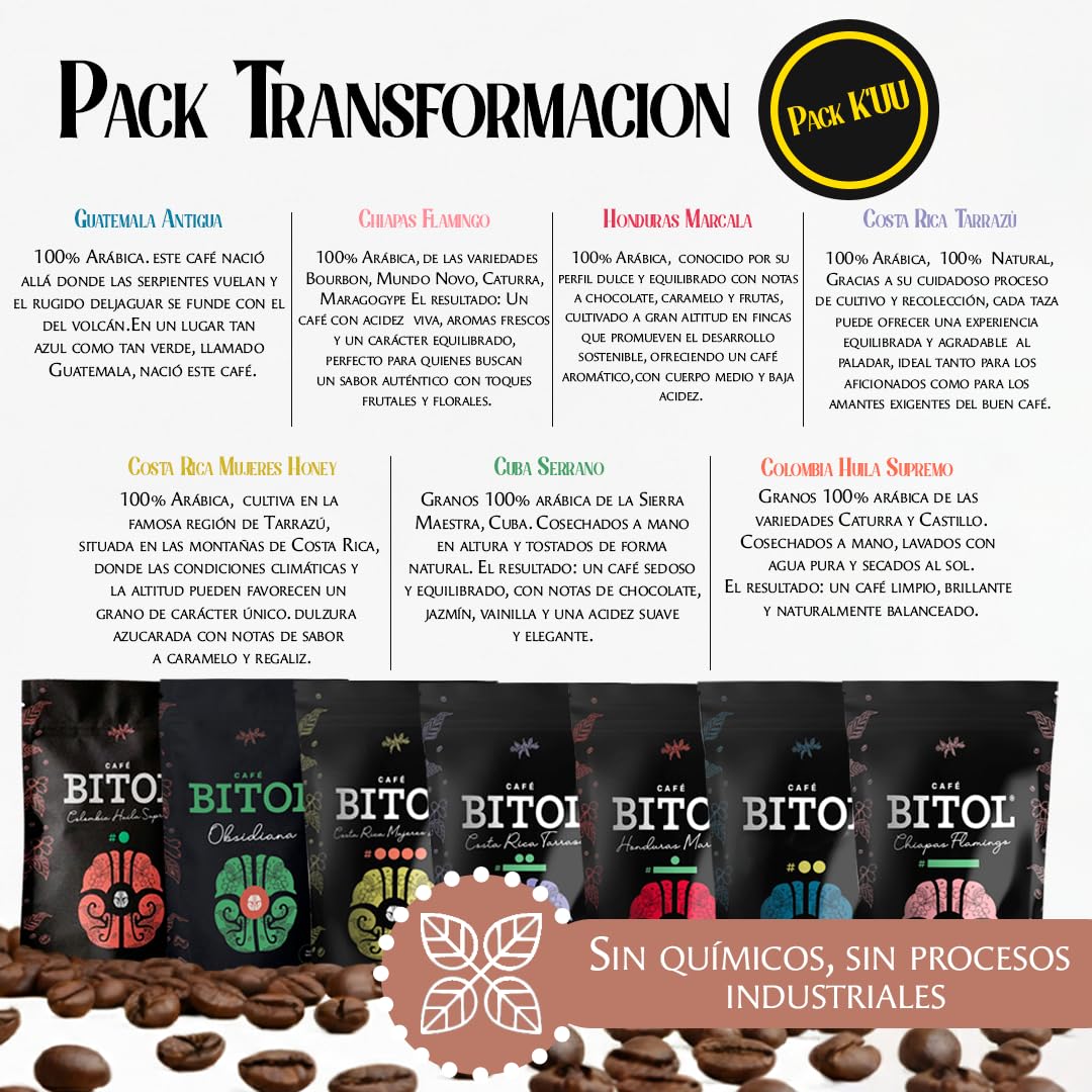Pack Transformación | Pack K'UU | 7 Cafés de Especialidad 125 g c/u | Costa Rica, Guatemala, Honduras, Cuba y Colombia | 100% Arábica, Origen Controlado | Aromas Envolvente | Pureza y Equilibrio