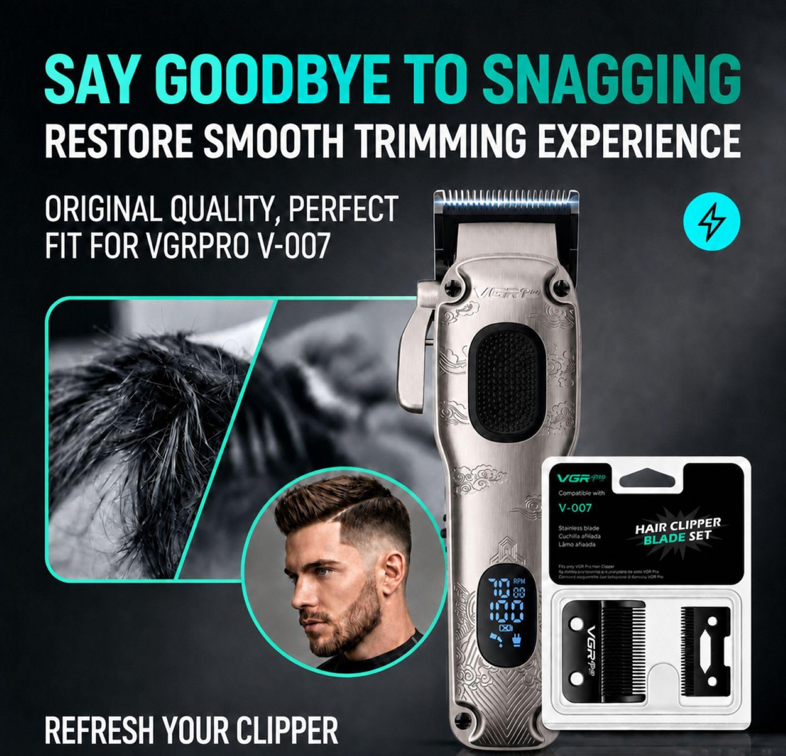VGRPRO tagliacapelli uomo professionale con lame di ricambio, 7000 RPM kit da barbiere per taglio capelli, casa e salone