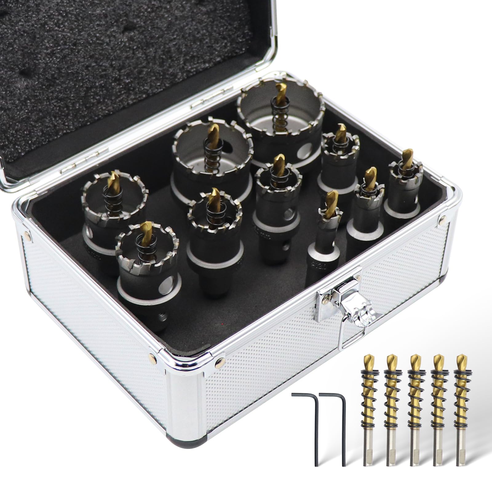 TCT - Juego de sierra perforadora de carburo de 17 piezas con 10 sierras TCT (1/2 a 2 pulgadas), 5 brocas piloto adicionales y 2 llaves hexagonales, juego de sierra perforadora para metal, acero