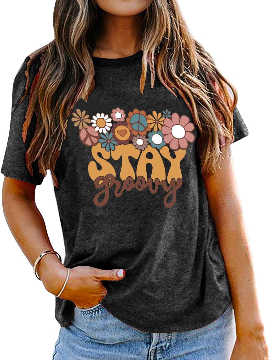Stay Groovy Shirt for Womens:Hippie 70s T-Shirt Cute Hippie 70s T-Shirt Casual Short Sleeve Tee Tops