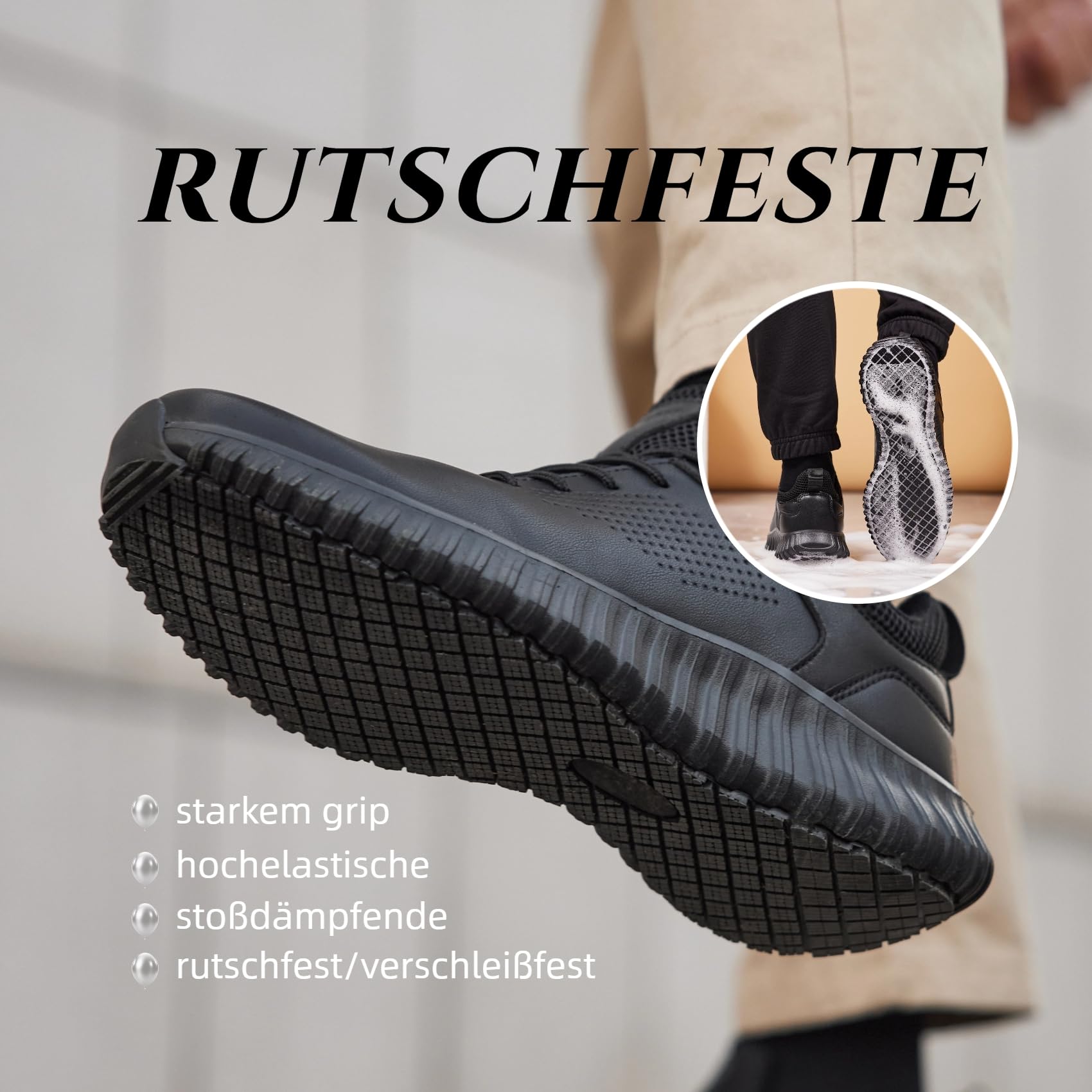 SHULOOK Kochschuhe Herren rutschfeste Schuhe Küche Wasserfeste Schuhe Outdoor Gastro Kellner Leicht Bequeme Sneaker Ohne Stahlkappe Schwarz EU 43