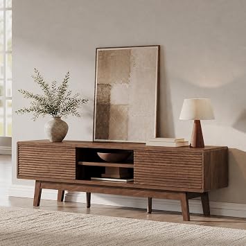 59" TV Stand for TVs up to 65", Mid Century Modern TV Console with Fluted Sliding Doors, Open Shelves and Cable Management, Walnut