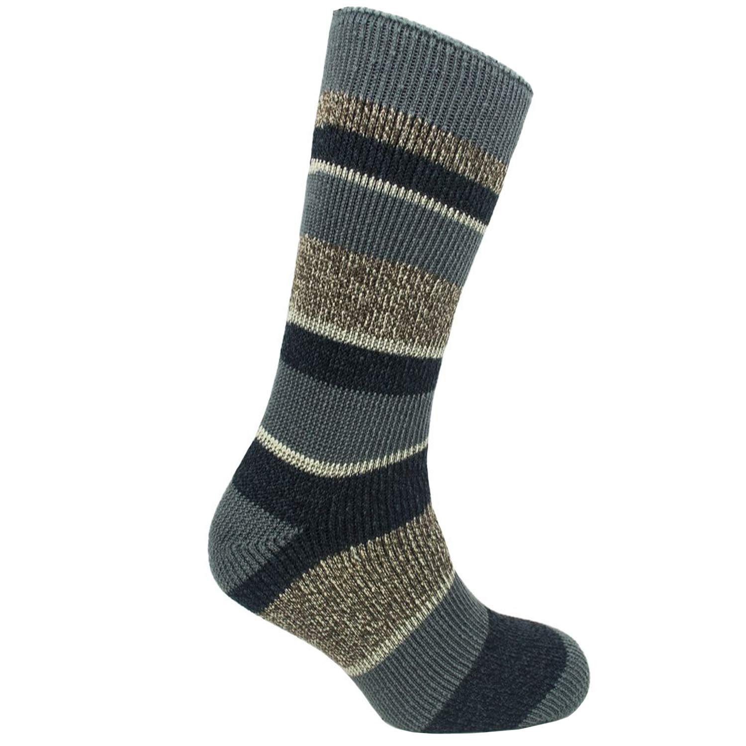 Nikaro Men's Brown Xtra Thick Brushed Thermal Insulated Assorted Stripe Socks For Outdoor Ski Hiking Tog 2.3 Size 6-11 (Brown)