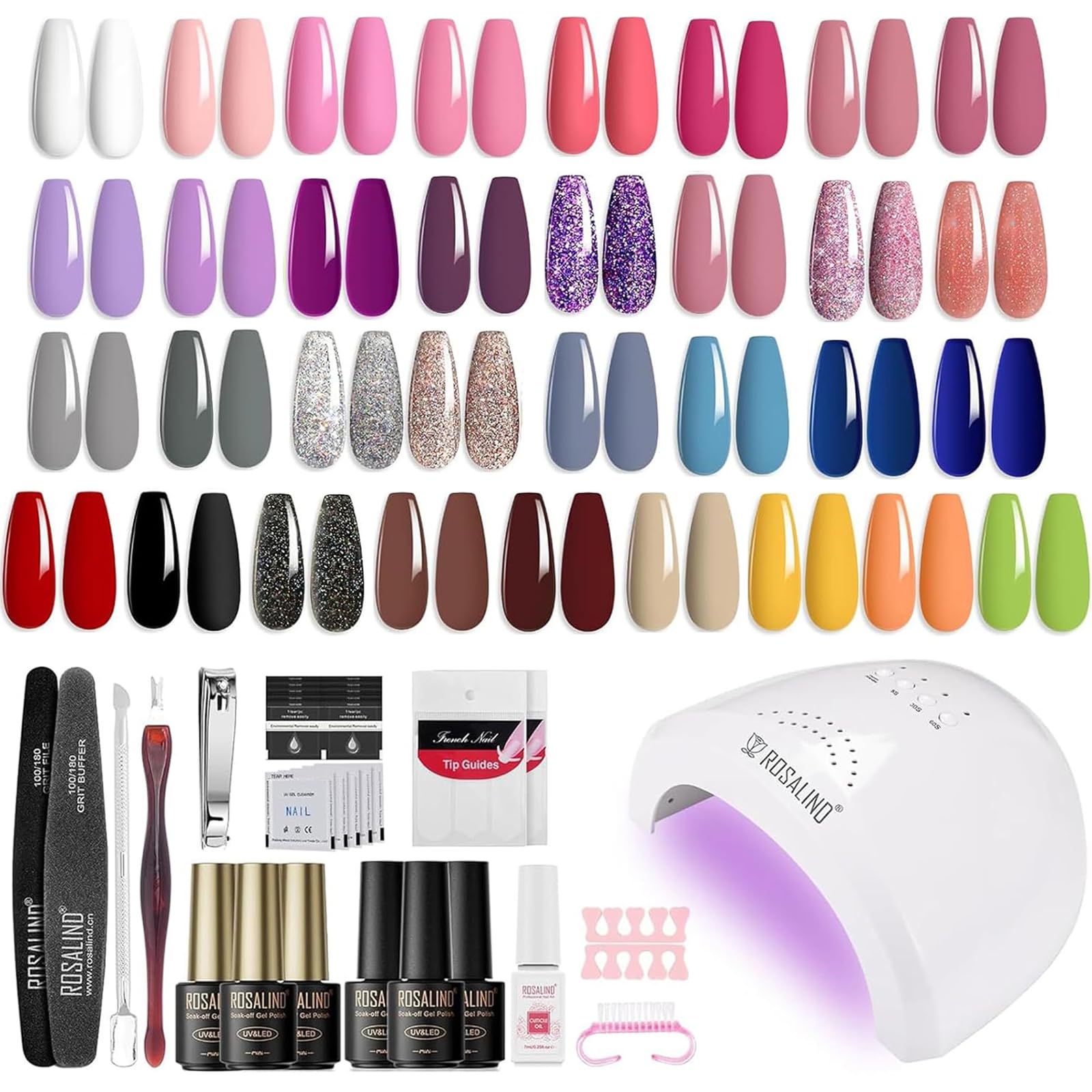 ROSALIND Kit Uñas Semipermanentes con Lámpara 48W, 33 Colores Esmaltes Semipermanentes Rosa Morado Gris Azul Marrón Uñas Semipermanentes Kit Completo Regalos Principiantes