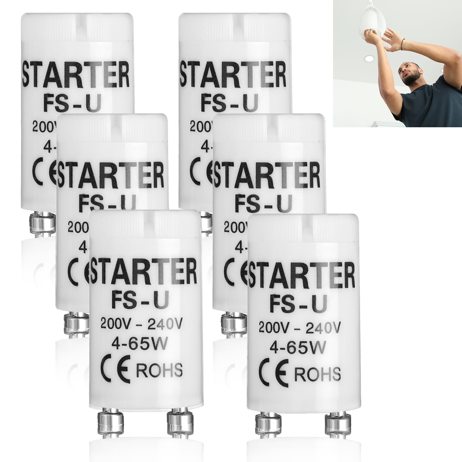 Rumgug 6pc T8 Fluorescent Starter Set, 4-65W, 200-240V, For Strip Lamps & Fixtures