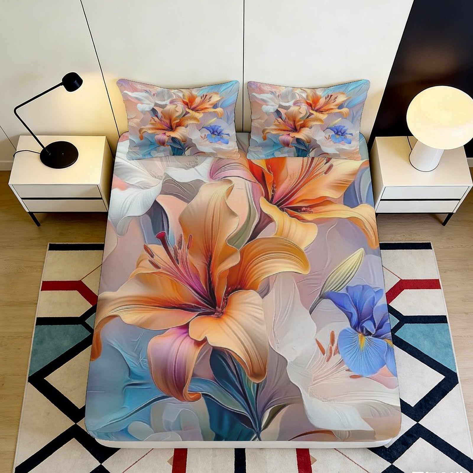 3D Printed Lily Pattern Fitted Sheet Deep Pocket Microfiber Non-Slip Bedroom Bedding Lily Mattress Fitted Cover 90x200x25cm